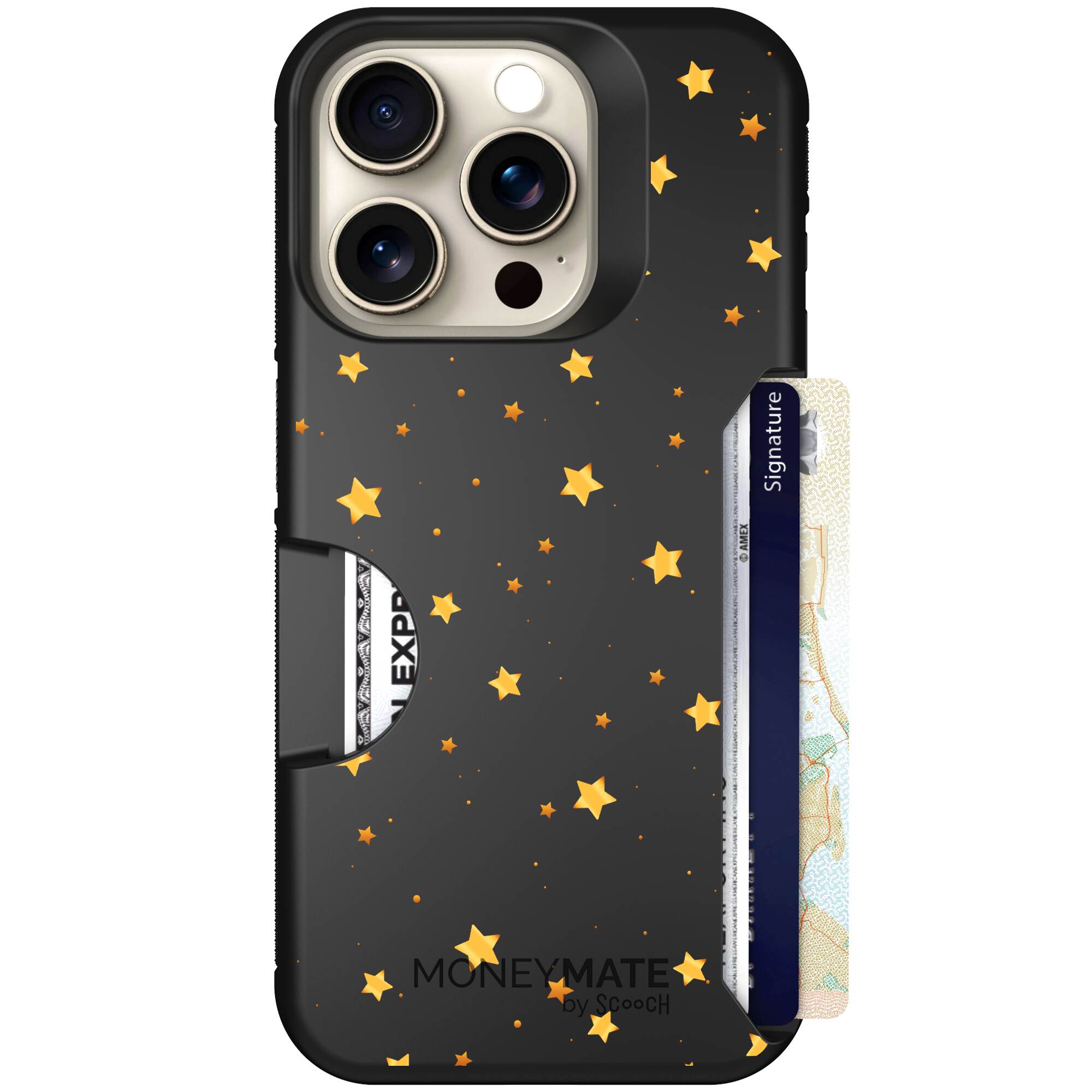 Gold Stars yellow and gold star pattern on a charcoal Scooch Moneymate case for iPhone 15 Pro