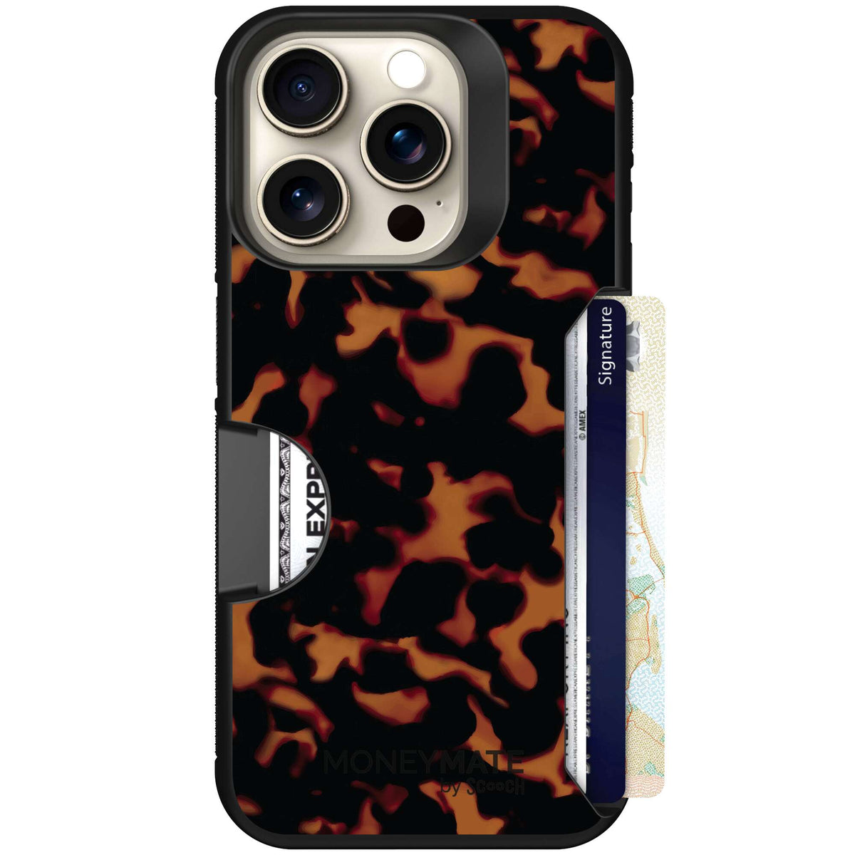 Tortoise Shell amber brown and black mottled pattern on a Scooch Moneymate case for iPhone 15 Pro