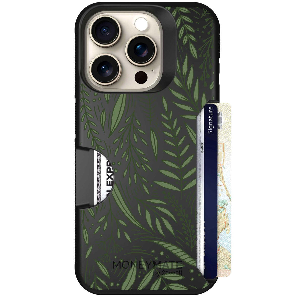 Willow Garden layered green leaves and branches on a charcoal Scooch Moneymate case for iPhone 15 Pro