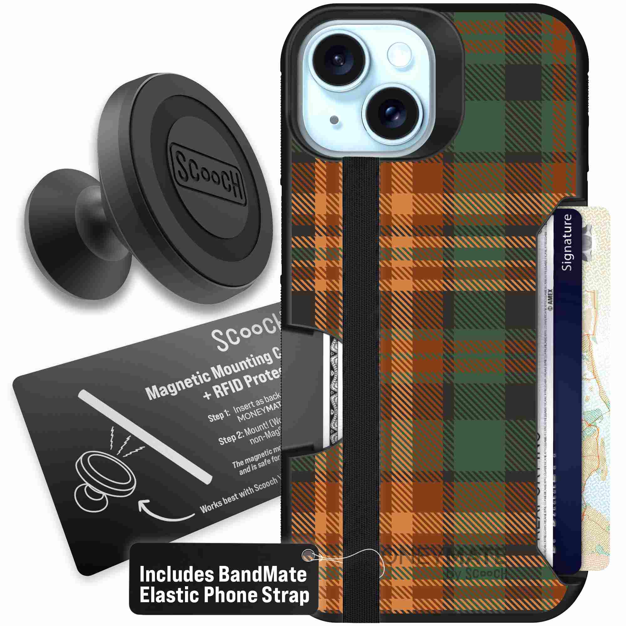 Fall Flannel orange and brown plaid pattern on a Scooch Moneymate case for iPhone 15 - Starter Bundle