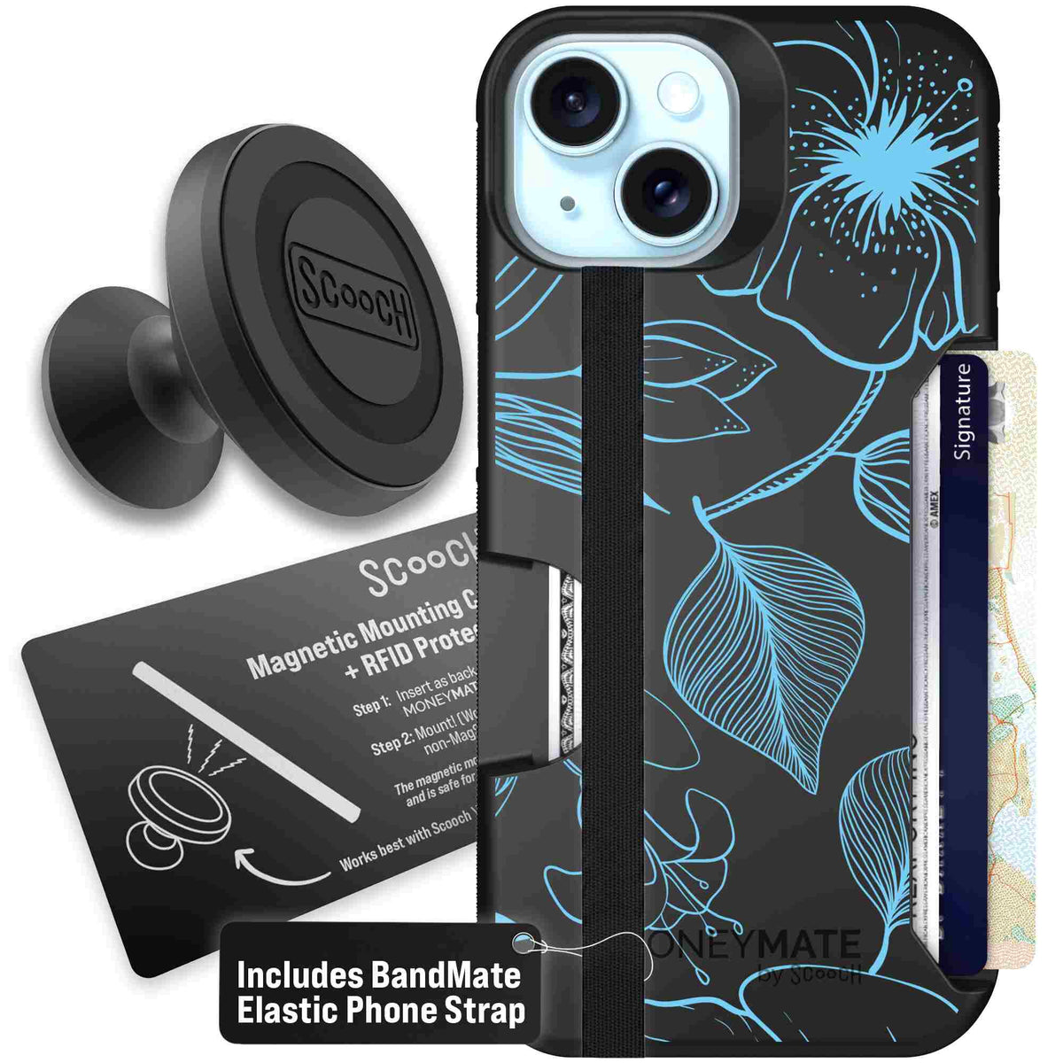 Blue Hibiscus cyan-blue tropical flower pattern on a charcoal Scooch Moneymate case for iPhone 15 - Starter Bundle