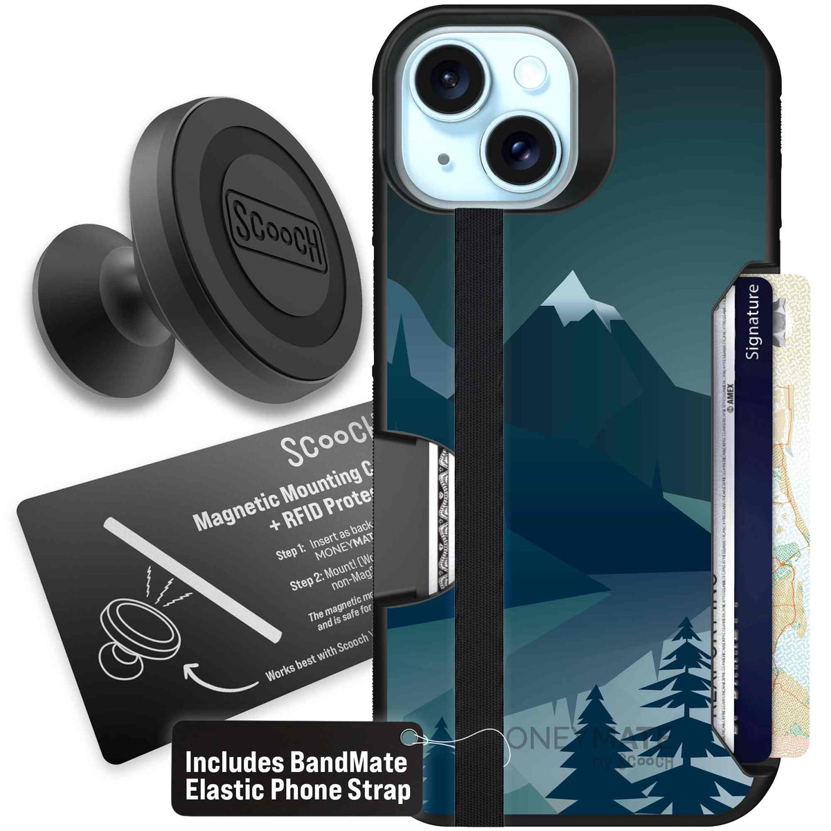 Midnight Ridge layered blue mountains and evergreen trees on a Scooch Moneymate case for iPhone 15 - Starter Bundle