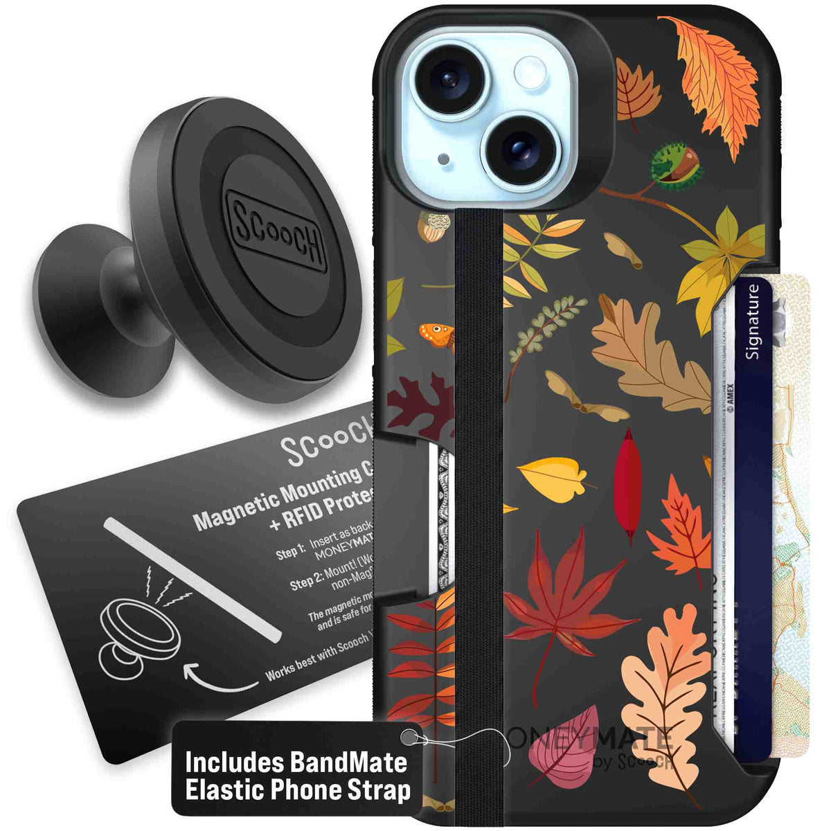 Autumn Leaves multicolored fall foliage pattern on a charcoal Scooch Moneymate case for iPhone 15 - Starter Bundle