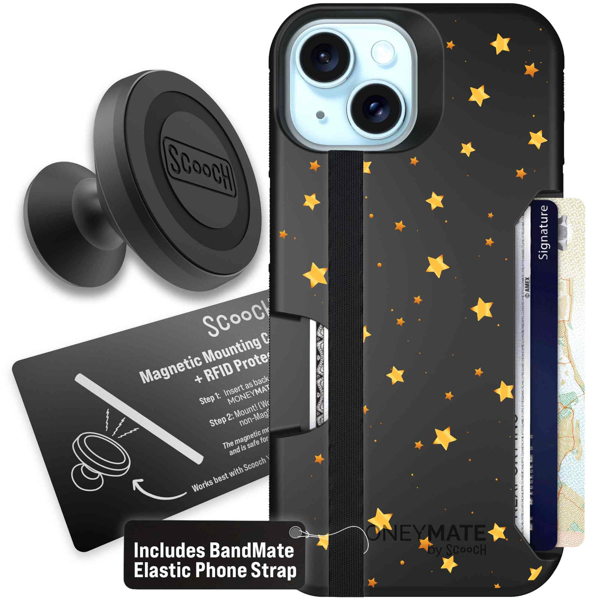 Gold Stars yellow and gold star pattern on a charcoal Scooch Moneymate case for iPhone 15 - Starter Bundle