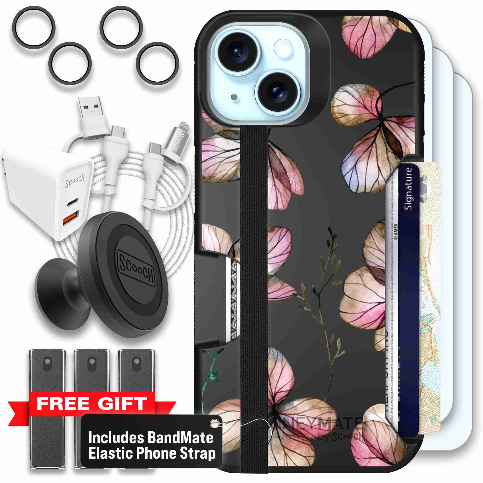 Dried Flowers blush mauve and cream floral pattern on a black Scooch Moneymate case for iPhone 15 - Ultimate Bundle