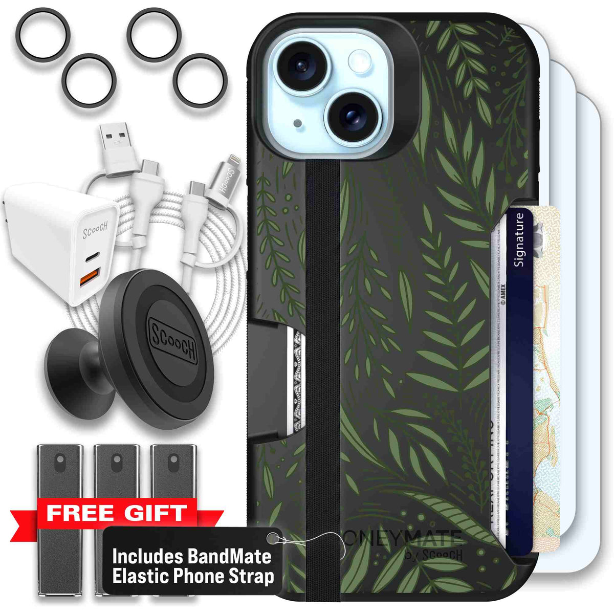 Willow Garden layered green leaves and branches on a charcoal Scooch Moneymate case for iPhone 15 - Ultimate Bundle