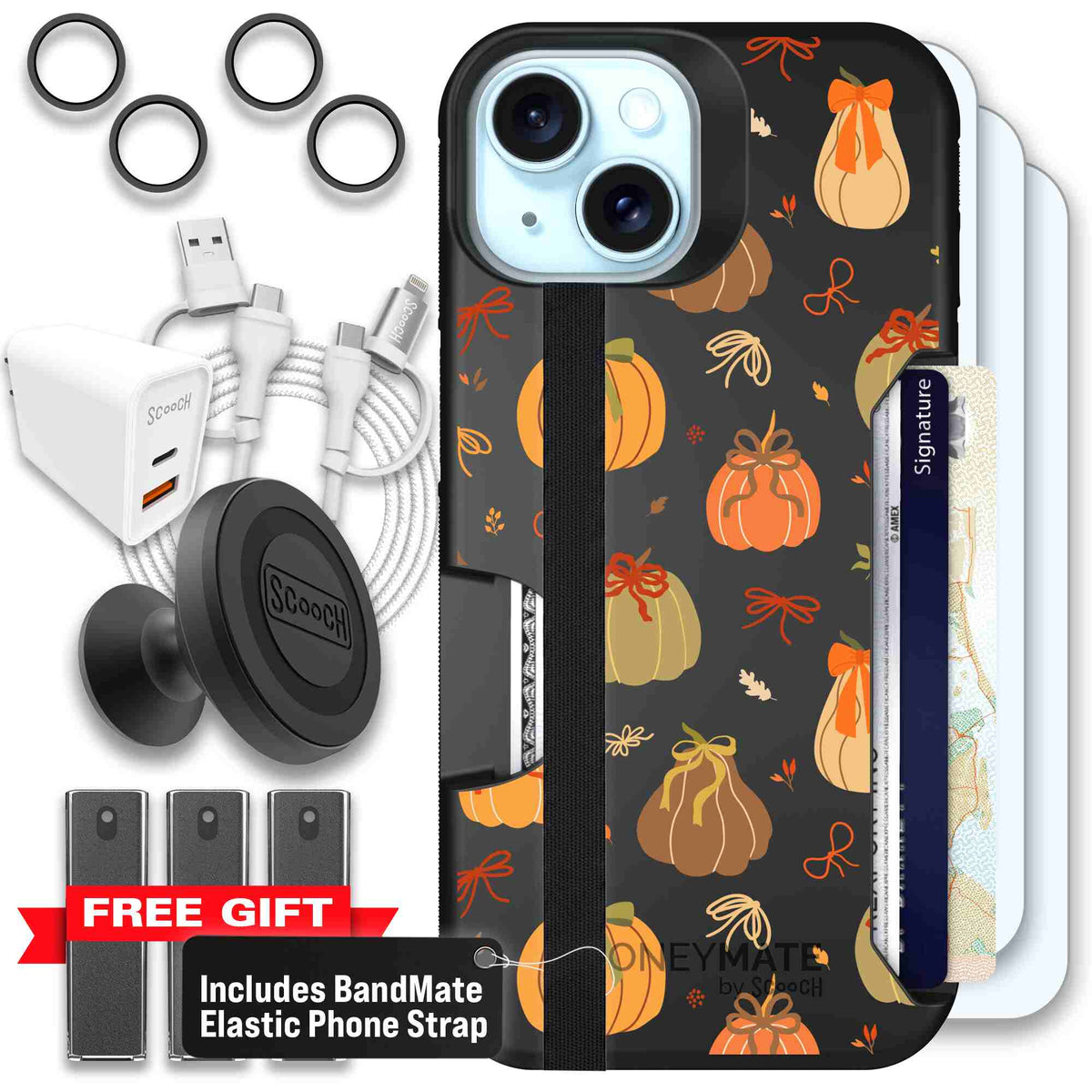 Pretty Pumpkins orange pumpkin and bow pattern on a Scooch Moneymate case for iPhone 15 - Ultimate Bundle