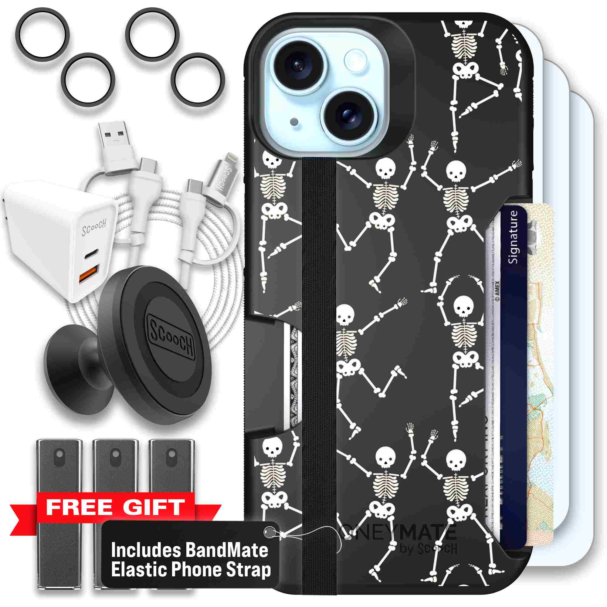 Swinging Skeletons white dancing skeleton pattern on a black Scooch Moneymate case for iPhone 15 - Ultimate Bundle