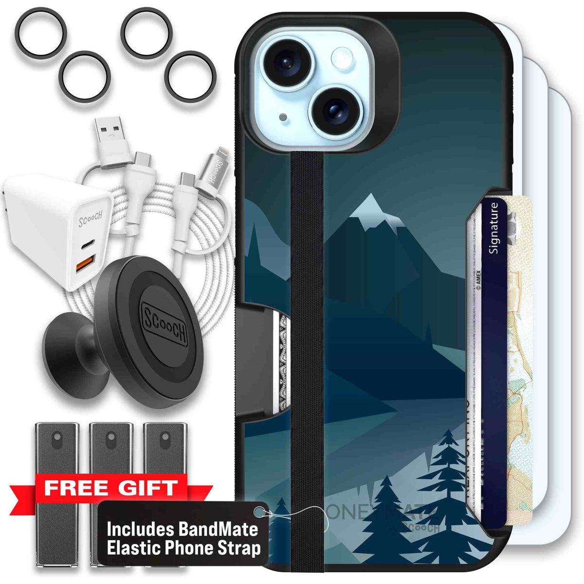 Midnight Ridge layered blue mountains and evergreen trees on a Scooch Moneymate case for iPhone 15 - Ultimate Bundle