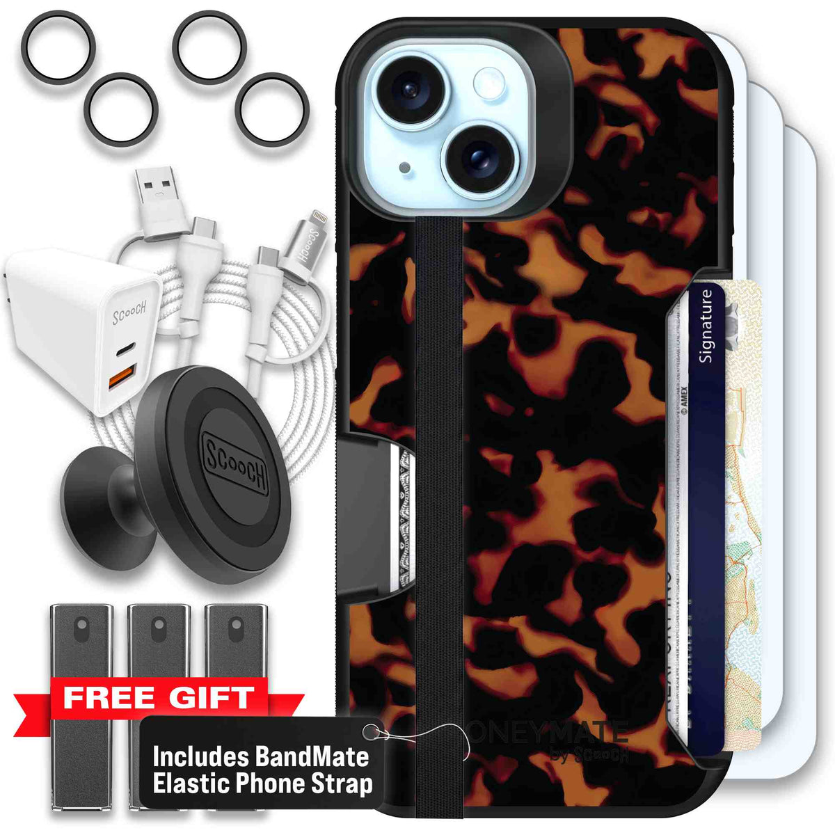 Tortoise Shell amber brown and black mottled pattern on a Scooch Moneymate case for iPhone 15 - Ultimate Bundle