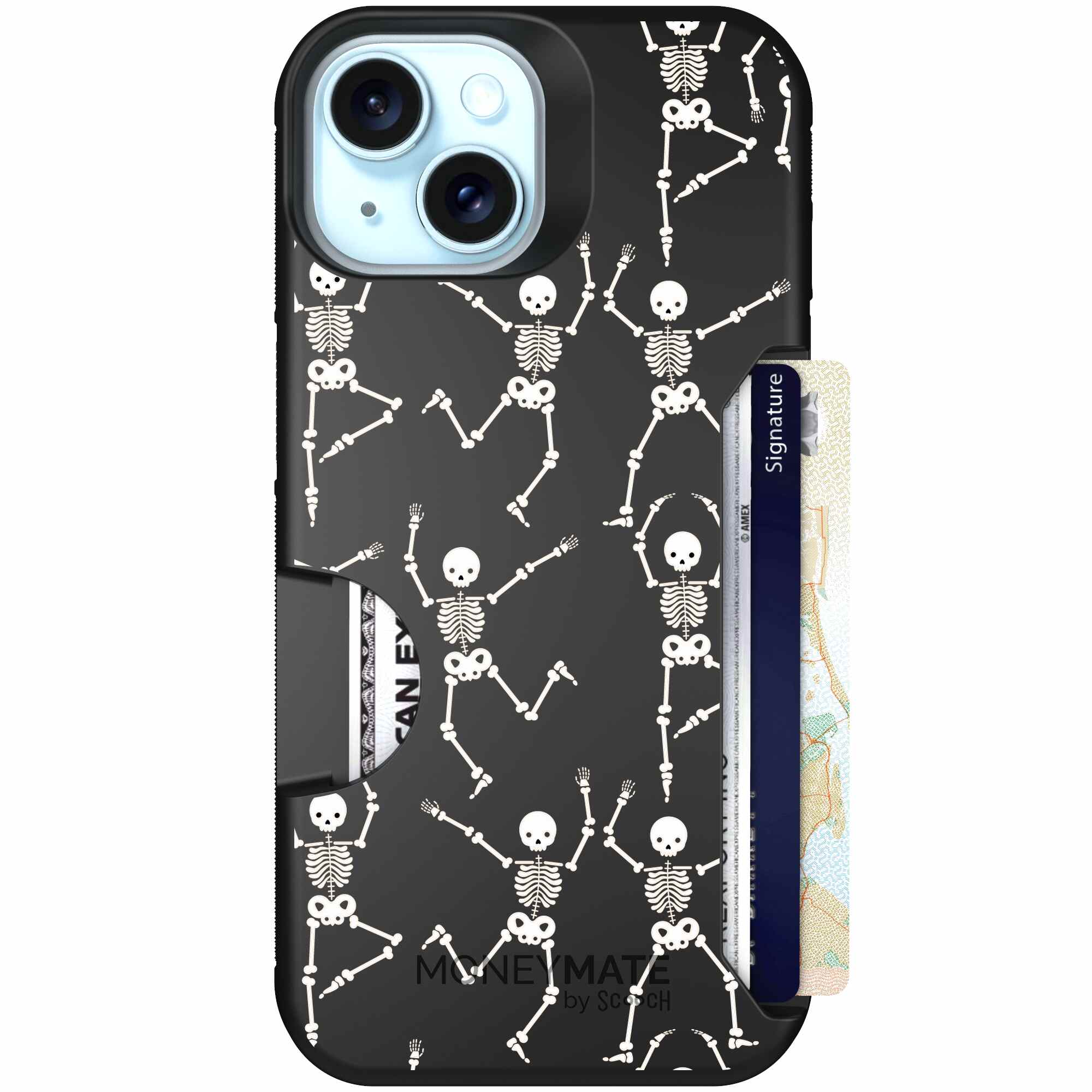 Swinging Skeletons white dancing skeleton pattern on a black Scooch Moneymate case for iPhone 15
