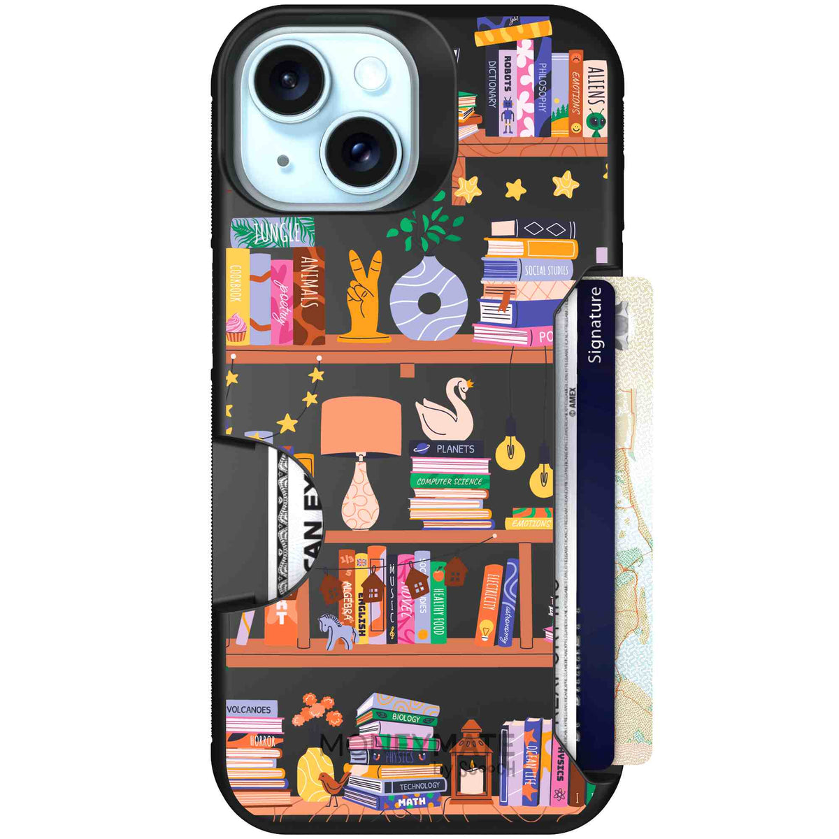 Little Library colorful book and bookshelf pattern on a Scooch Moneymate case for iPhone 15