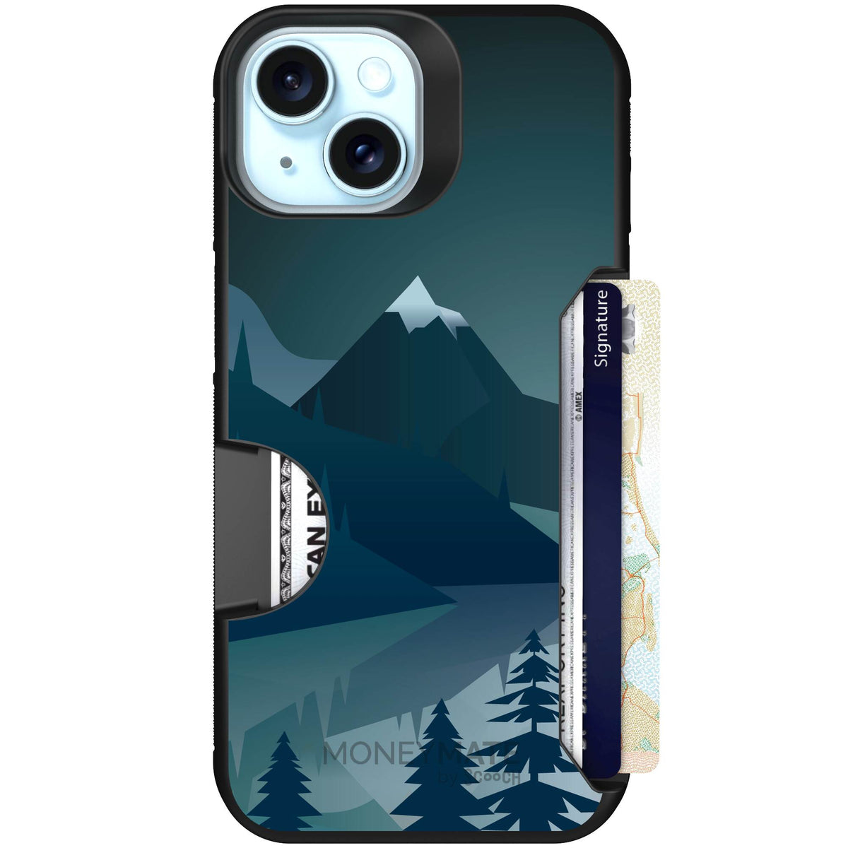 Midnight Ridge layered blue mountains and evergreen trees on a Scooch Moneymate case for iPhone 15