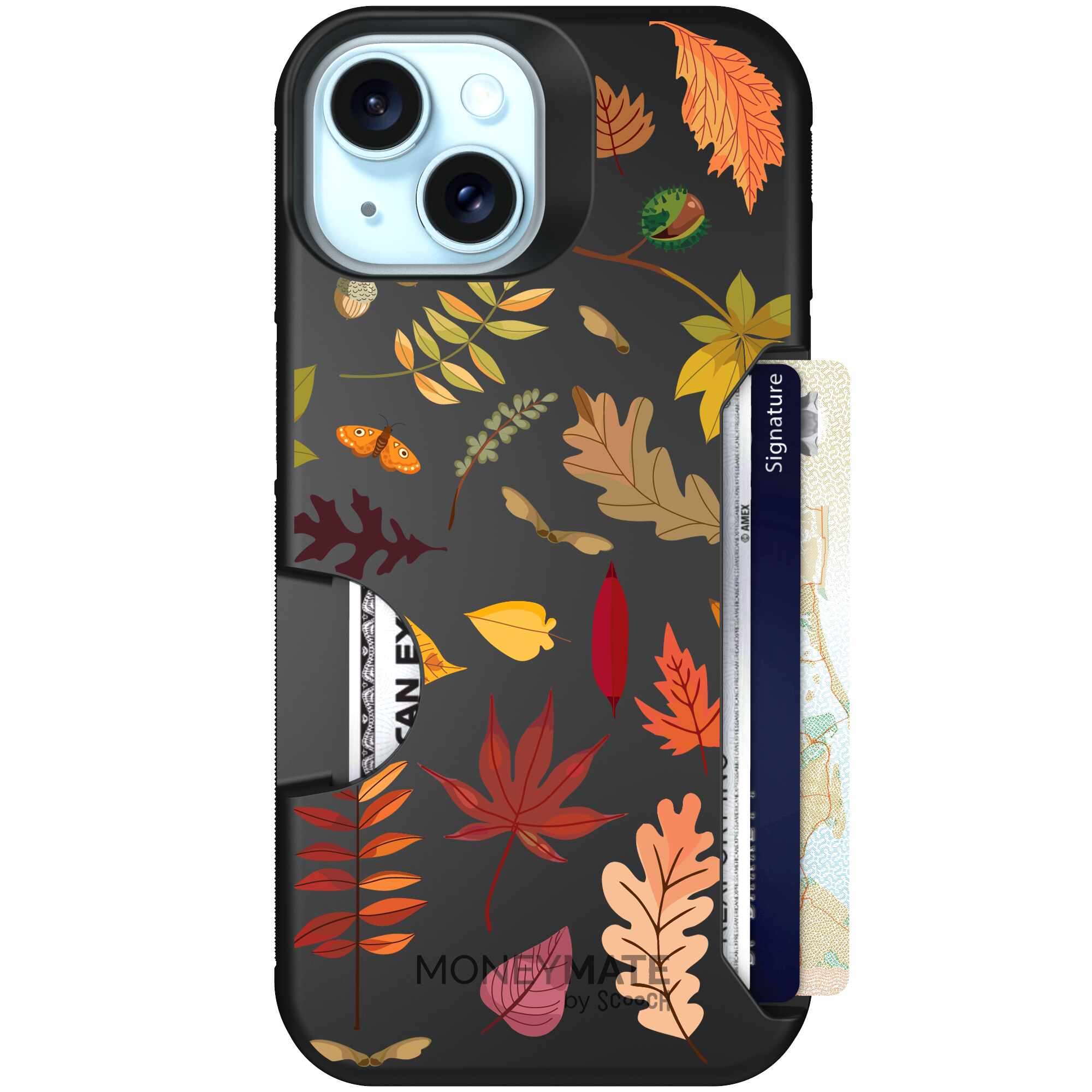 Autumn Leaves multicolored fall foliage pattern on a charcoal Scooch Moneymate case for iPhone 15