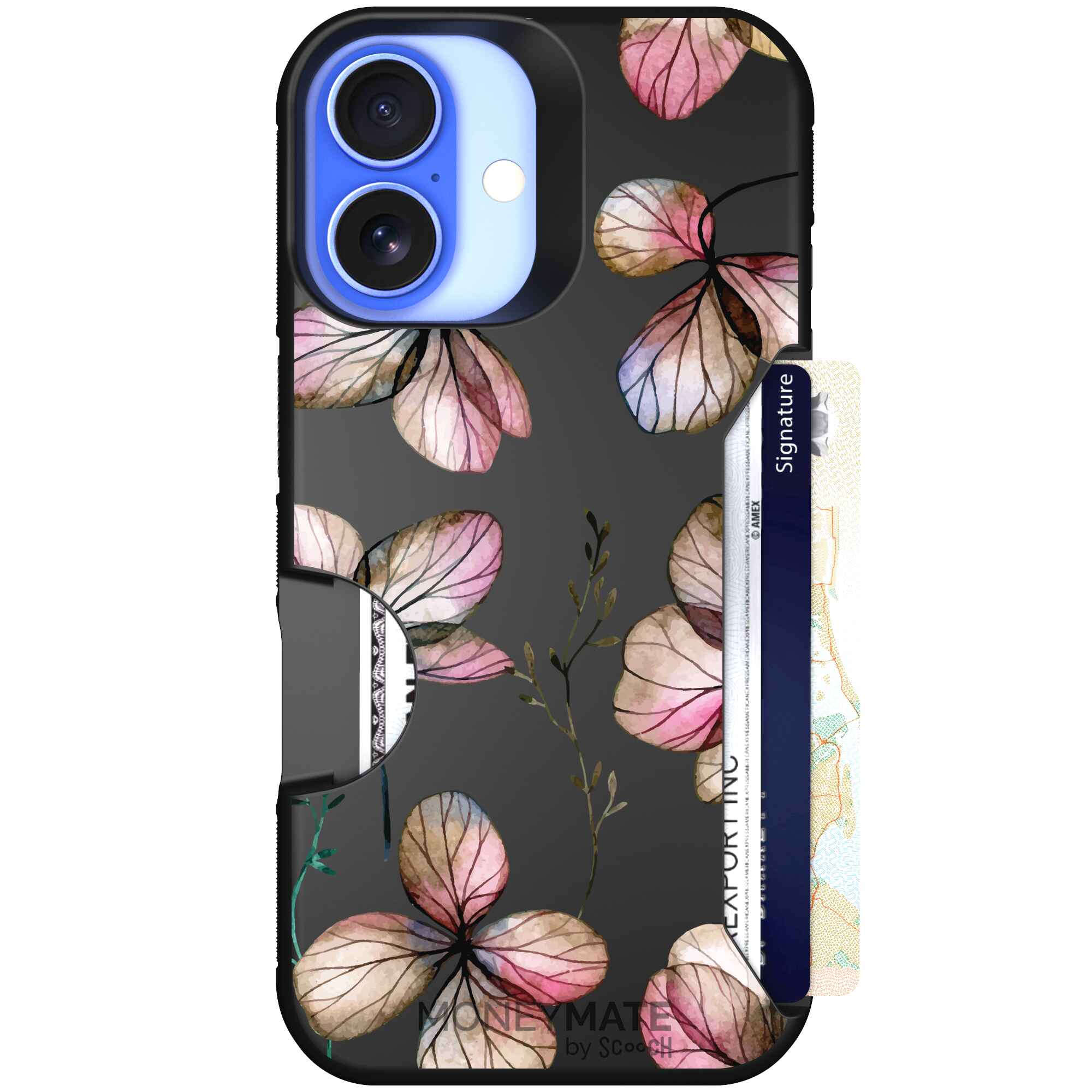 Dried Flowers blush mauve and cream floral pattern on a black Scooch Moneymate case for iPhone 16