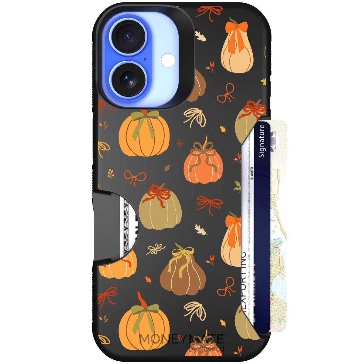 Pretty Pumpkins orange pumpkin and bow pattern on a Scooch Moneymate case for iPhone 16