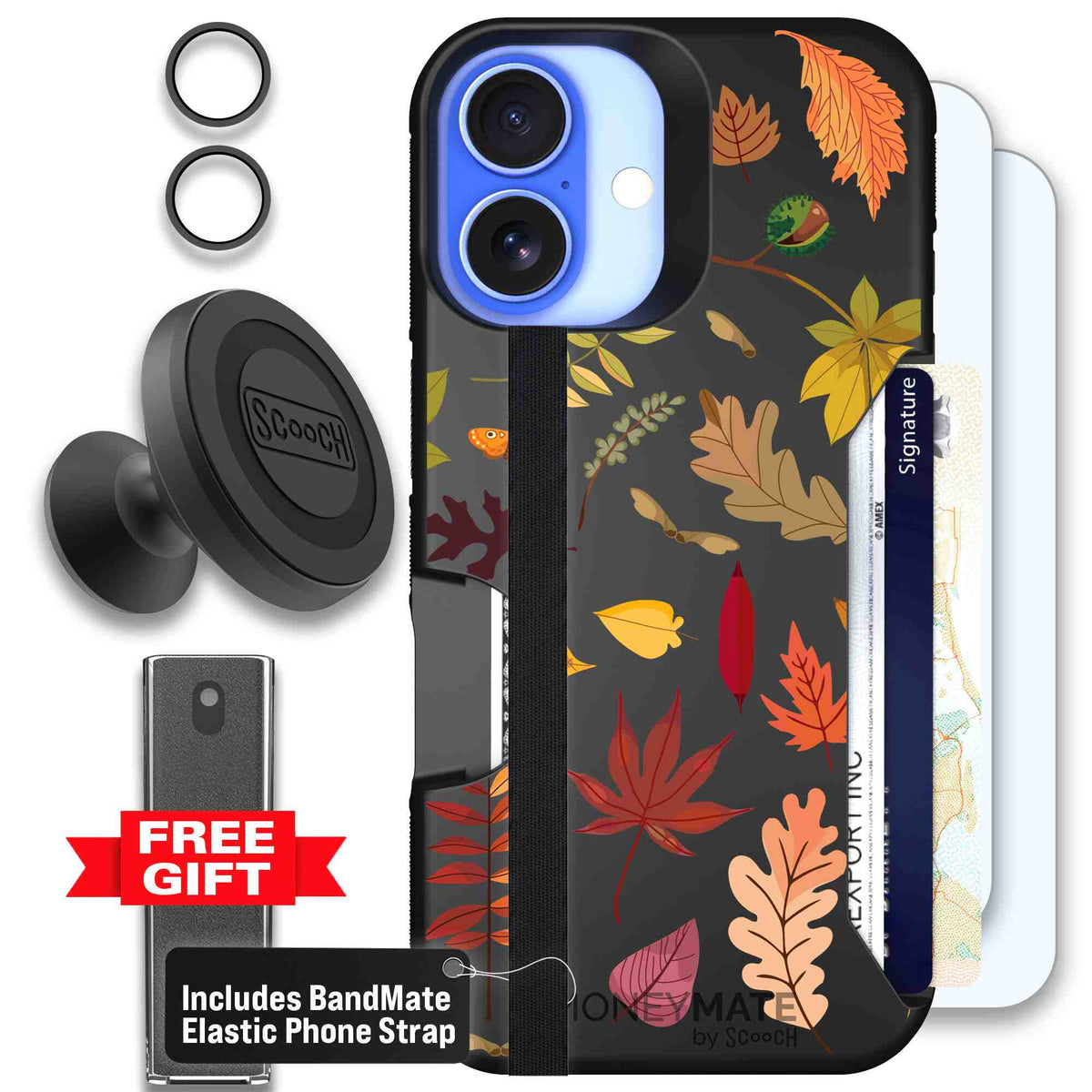 Autumn Leaves multicolored fall foliage pattern on a charcoal Scooch Moneymate case for iPhone 16 - Defender Bundle
