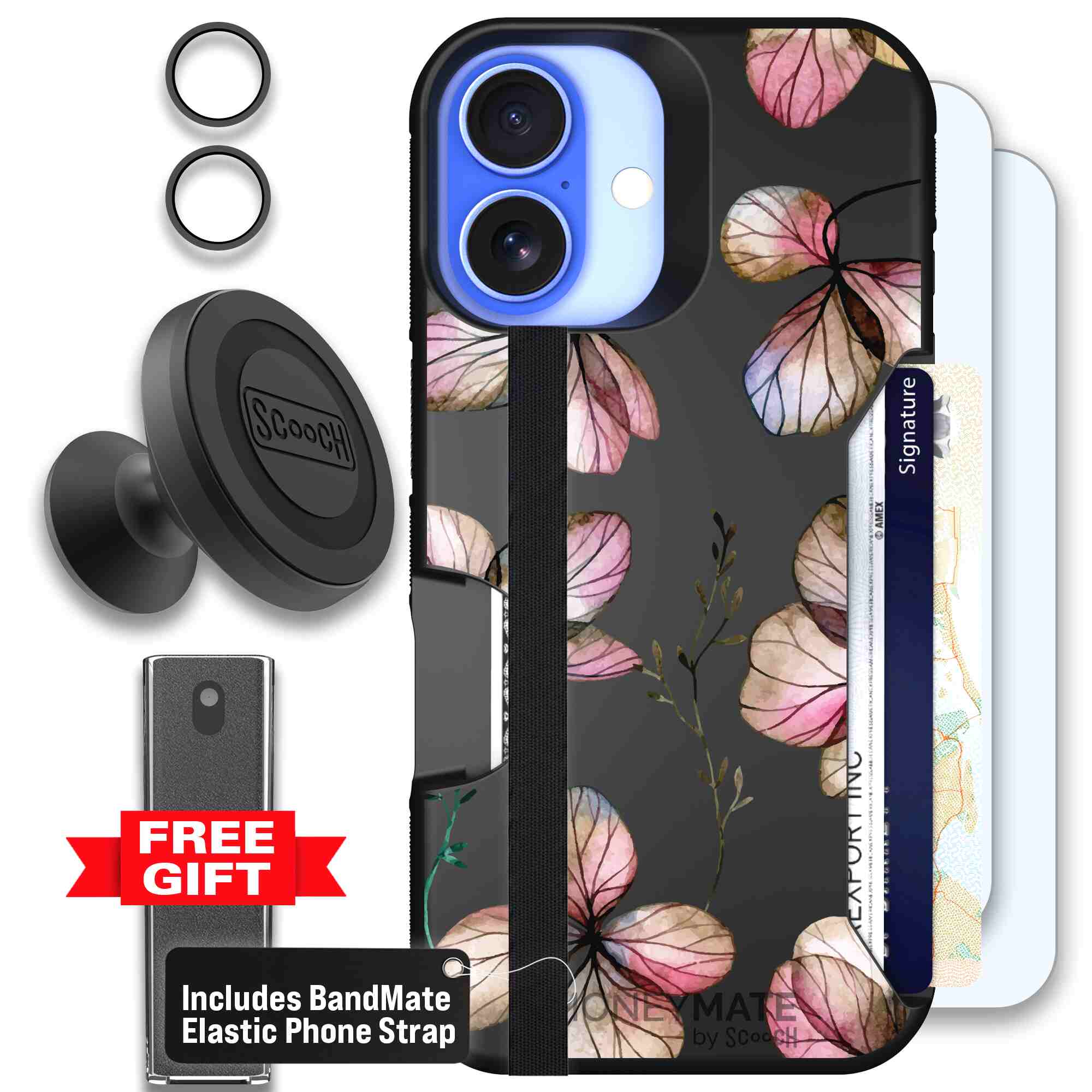 Dried Flowers blush mauve and cream floral pattern on a black Scooch Moneymate case for iPhone 16 - Defender Bundle