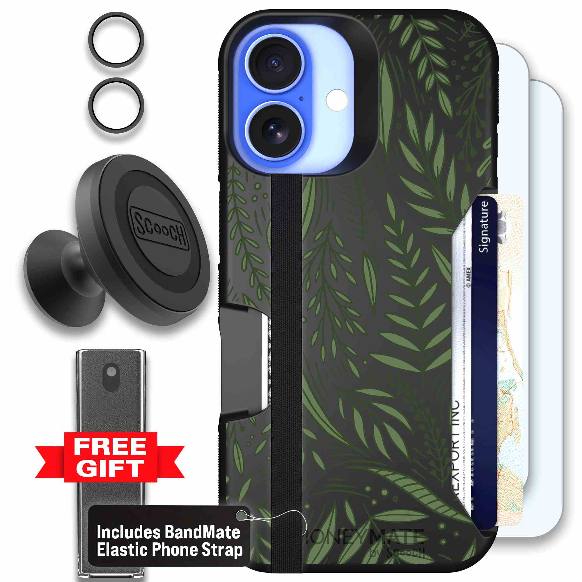 Willow Garden layered green leaves and branches on a charcoal Scooch Moneymate case for iPhone 16 - Defender Bundle