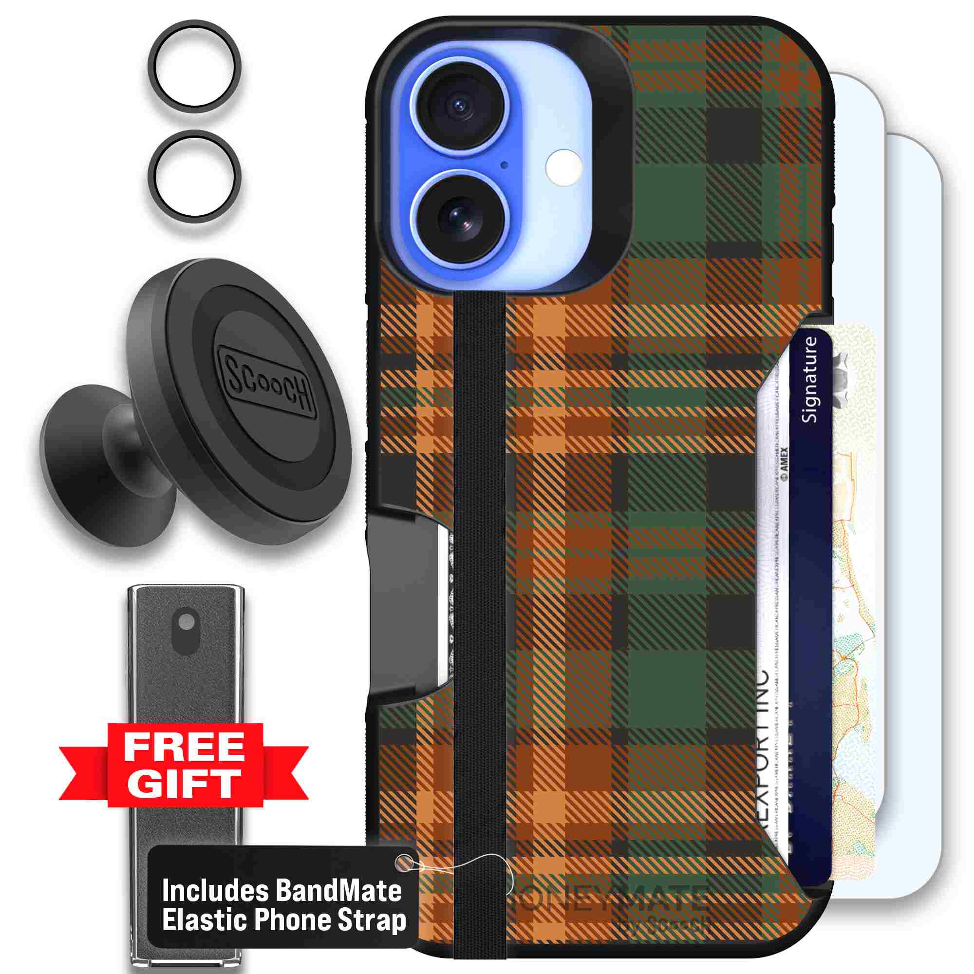 Fall Flannel orange and brown plaid pattern on a Scooch Moneymate case for iPhone 16 - Defender Bundle