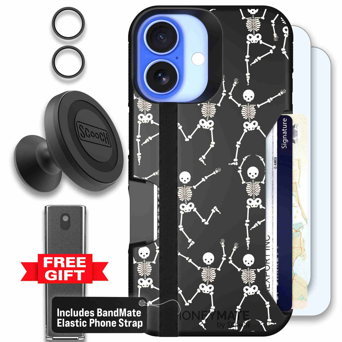 Swinging Skeletons white dancing skeleton pattern on a black Scooch Moneymate case for iPhone 16 - Defender Bundle