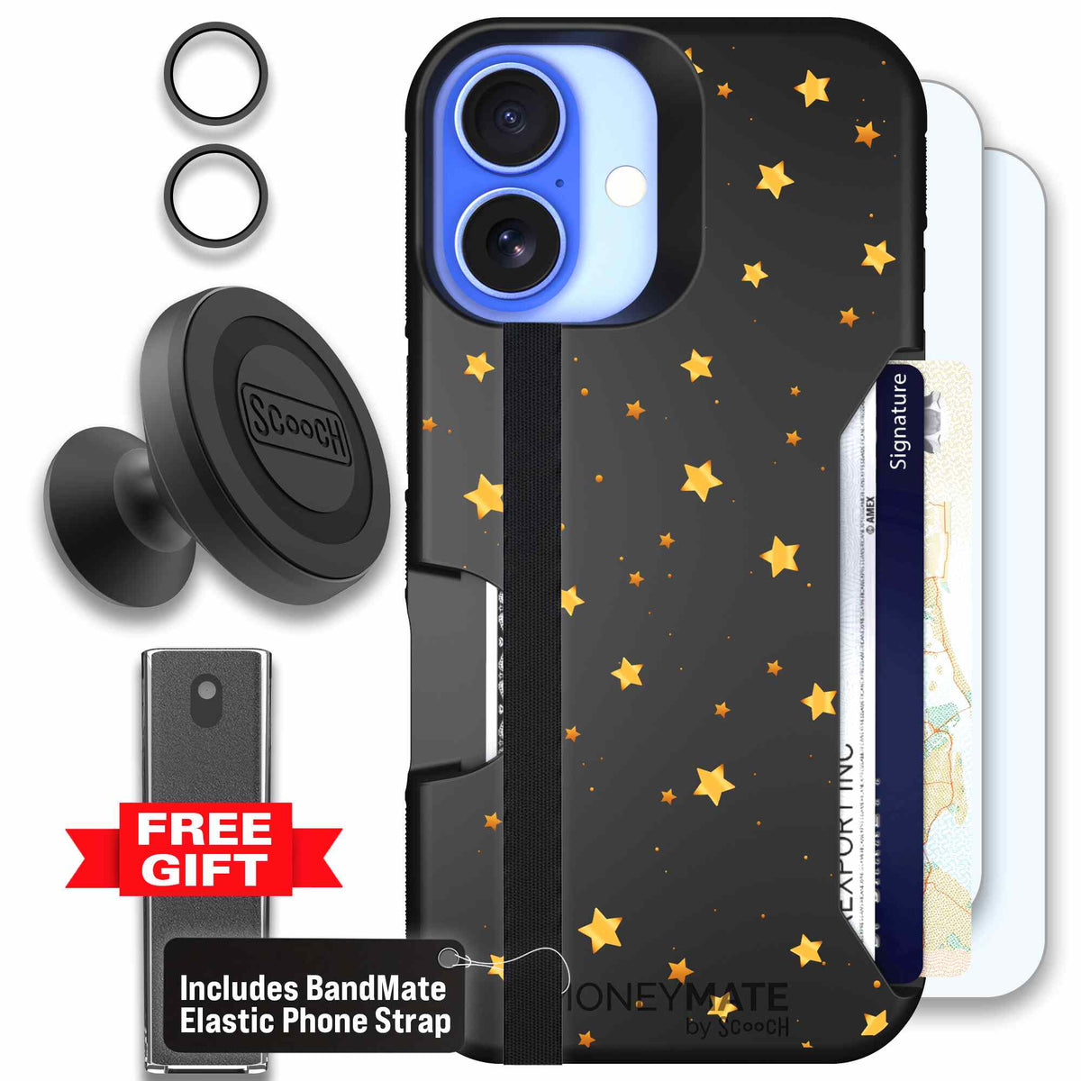 Gold Stars yellow and gold star pattern on a charcoal Scooch Moneymate case for iPhone 16 - Defender Bundle