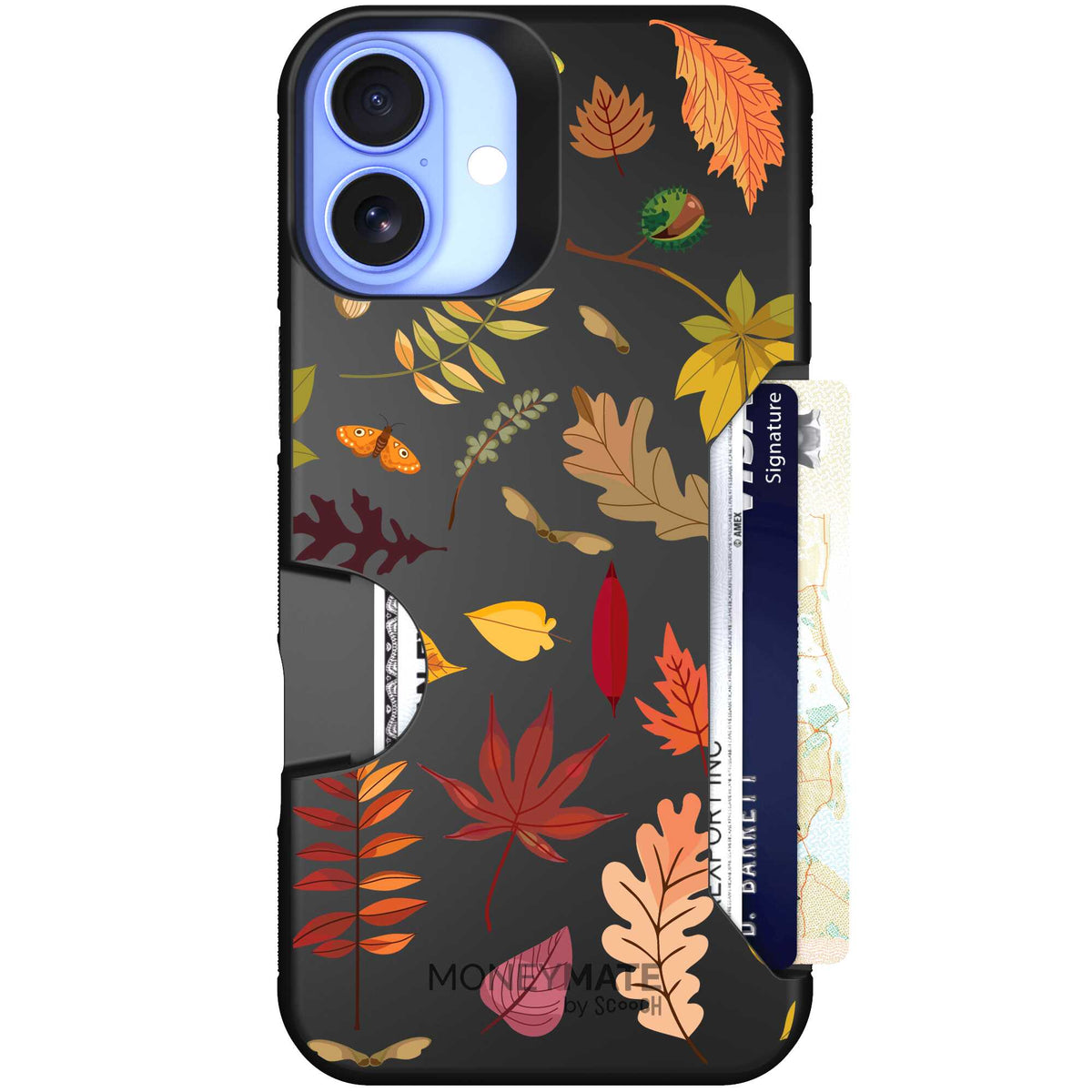 Autumn Leaves multicolored fall foliage pattern on a charcoal Scooch Moneymate case for iPhone 16 Plus