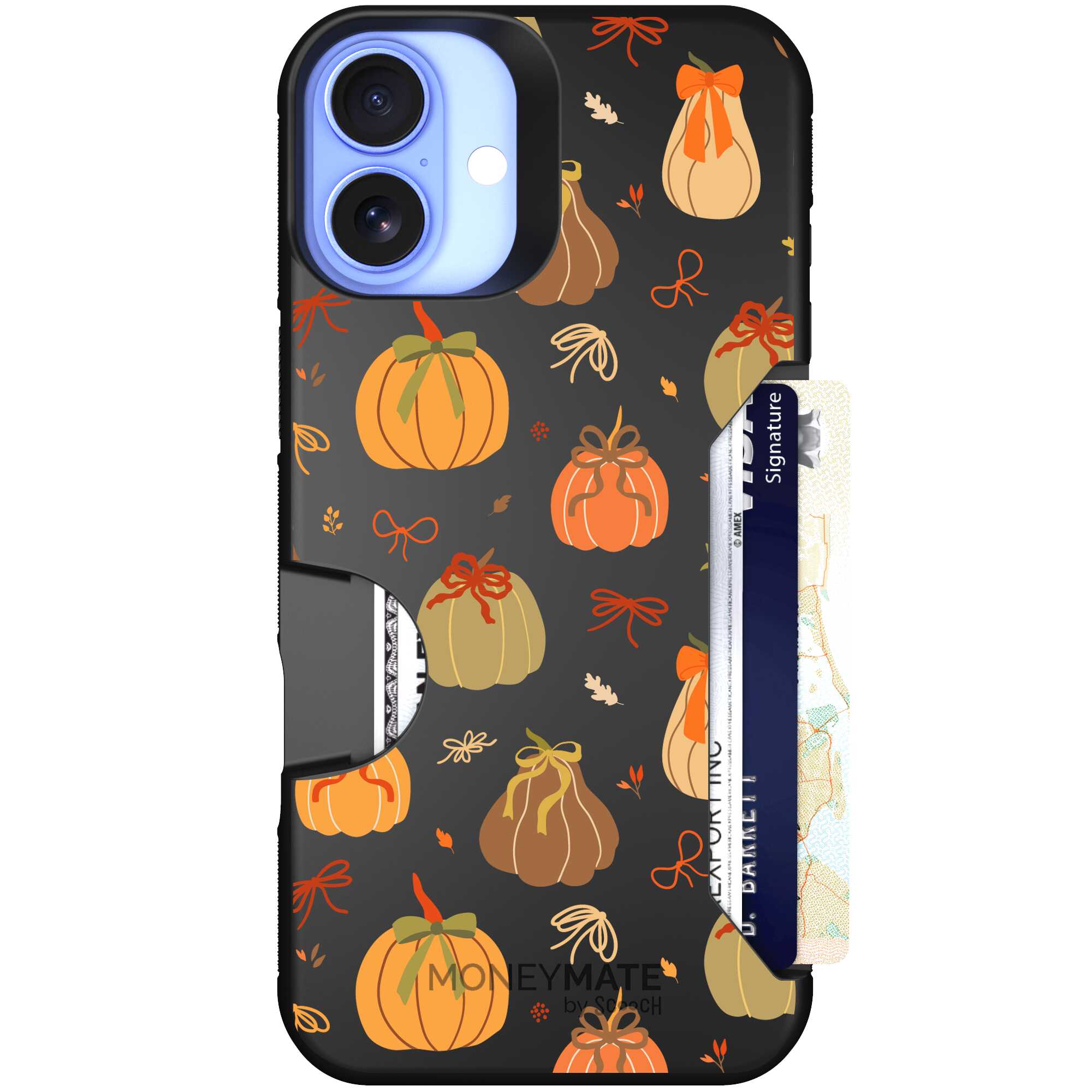 Pretty Pumpkins orange pumpkin and bow pattern on a Scooch Moneymate case for iPhone 16 Plus