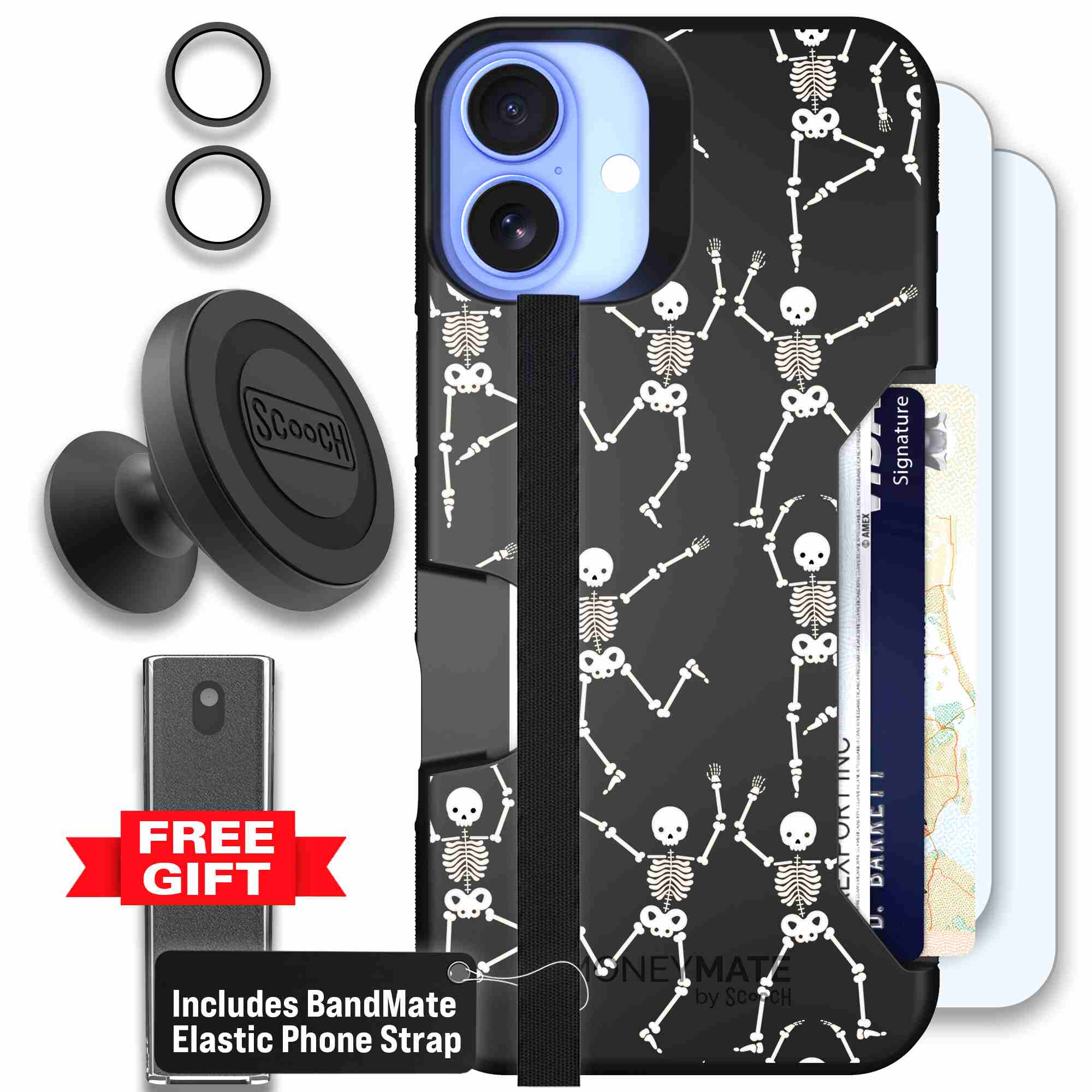 Swinging Skeletons white dancing skeleton pattern on a black Scooch Moneymate case for iPhone 16 Plus - Defender Bundle