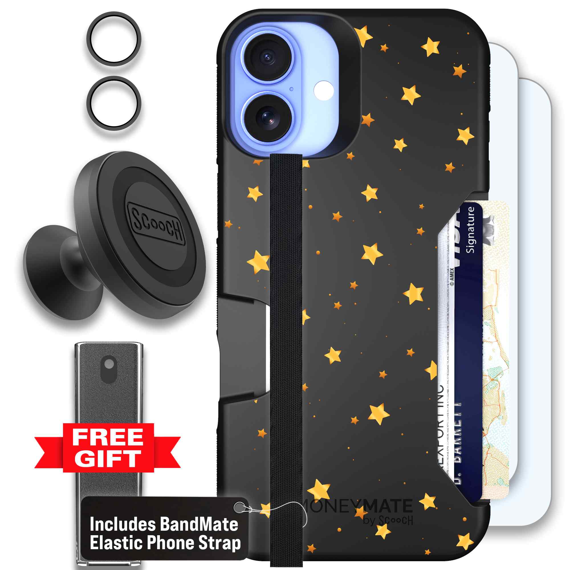 Gold Stars yellow and gold star pattern on a charcoal Scooch Moneymate case for iPhone 16 Plus - Defender Bundle