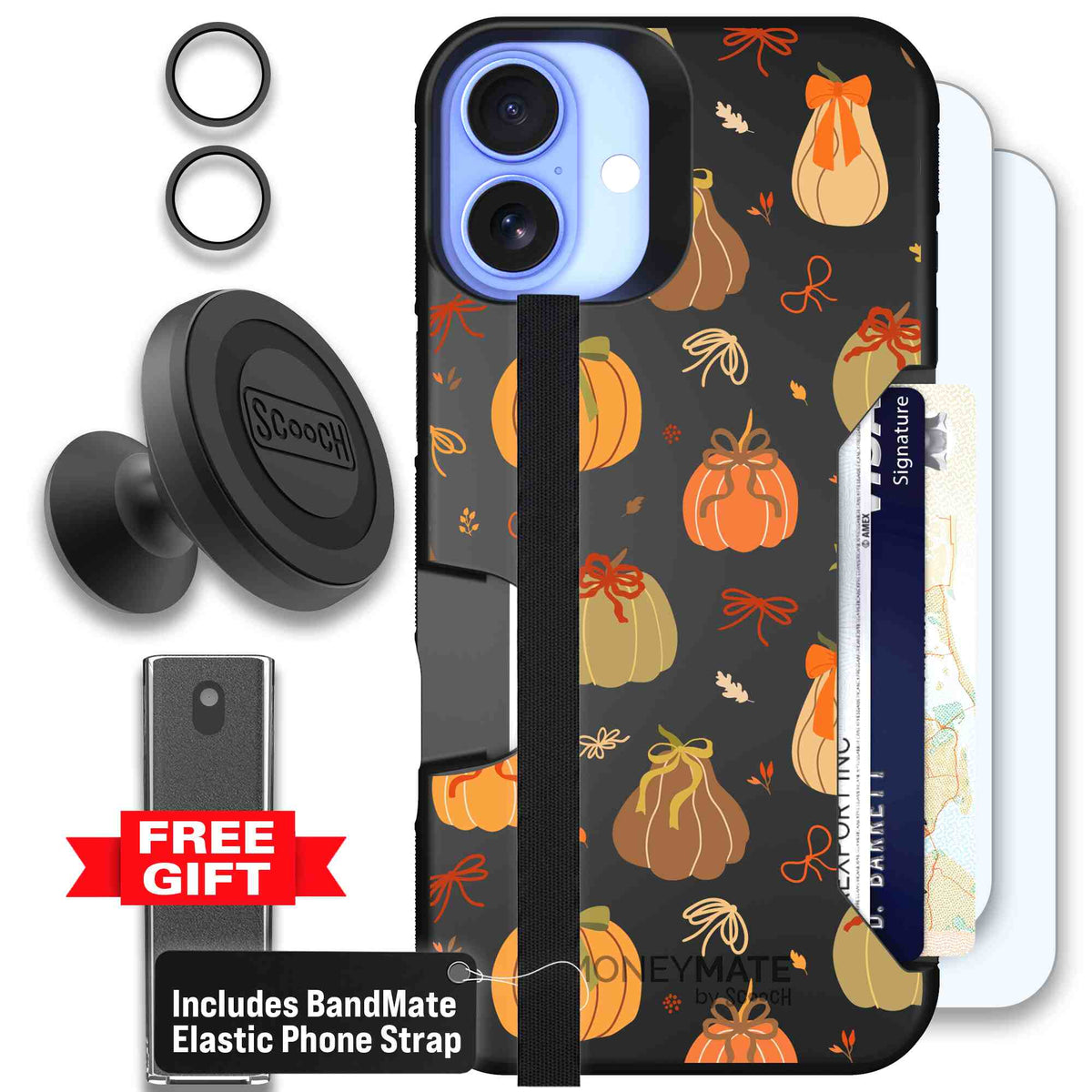 Pretty Pumpkins orange pumpkin and bow pattern on a Scooch Moneymate case for iPhone 16 Plus - Defender Bundle