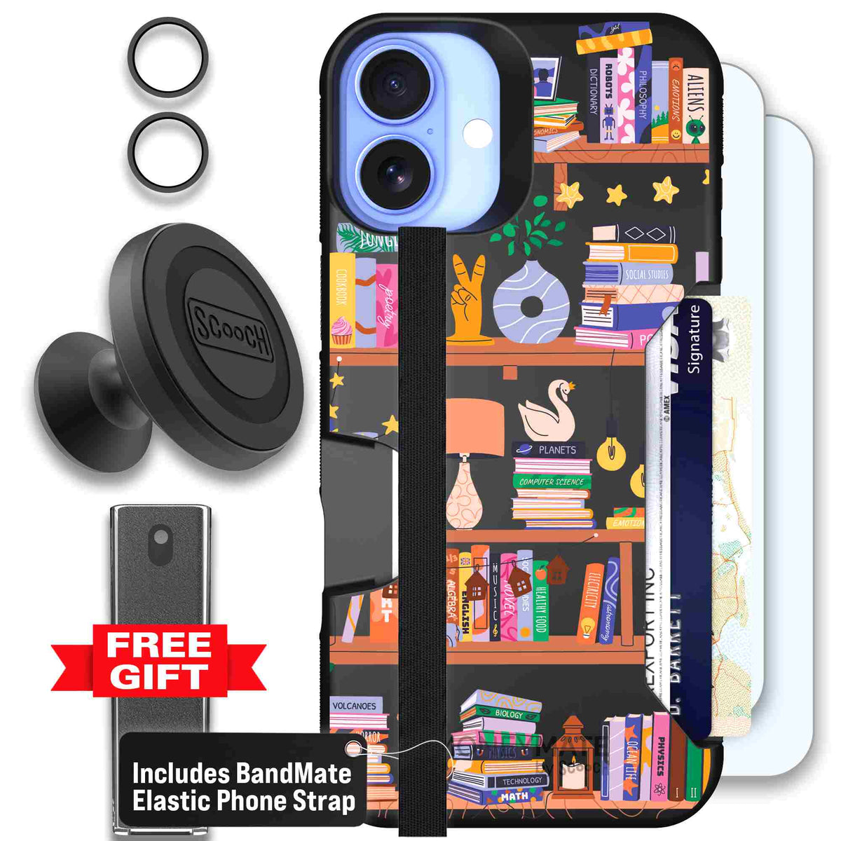 Little Library colorful book and bookshelf pattern on a Scooch Moneymate case for iPhone 16 Plus - Defender Bundle