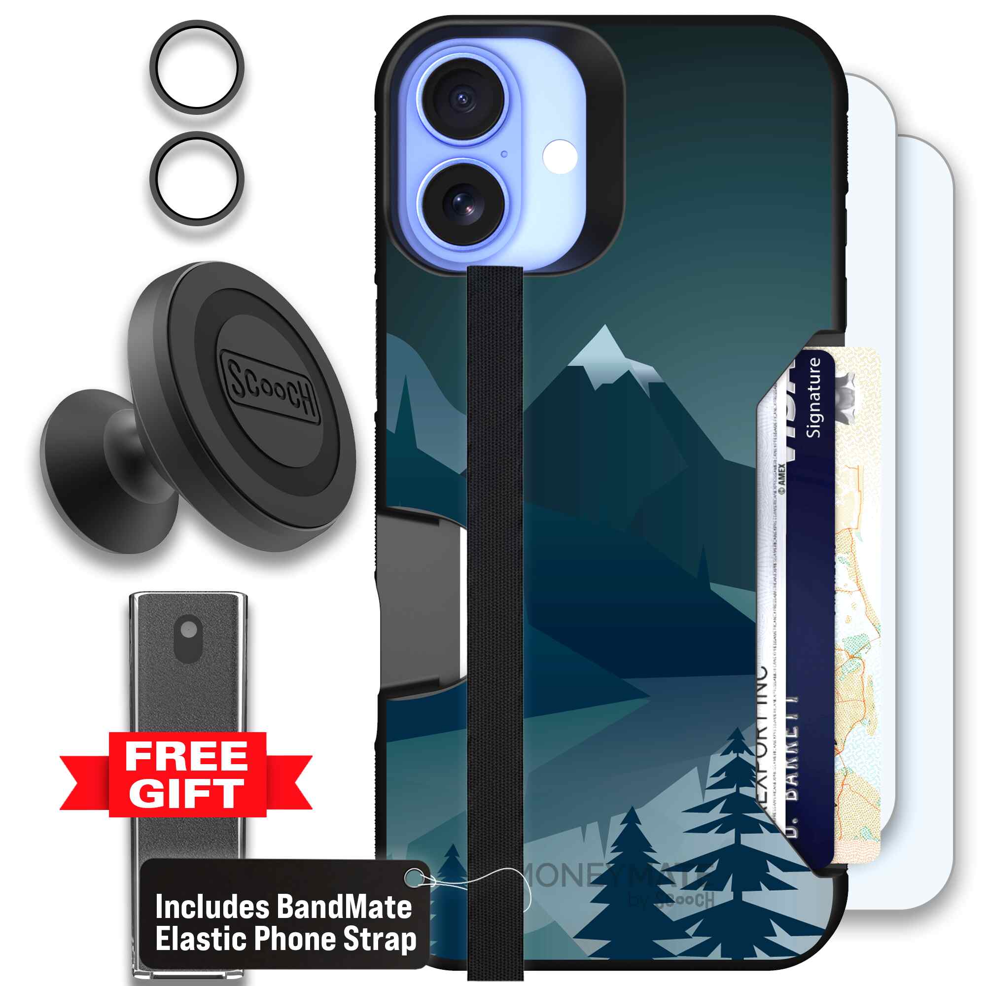 Midnight Ridge layered blue mountains and evergreen trees on a Scooch Moneymate case for iPhone 16 Plus - Defender Bundle