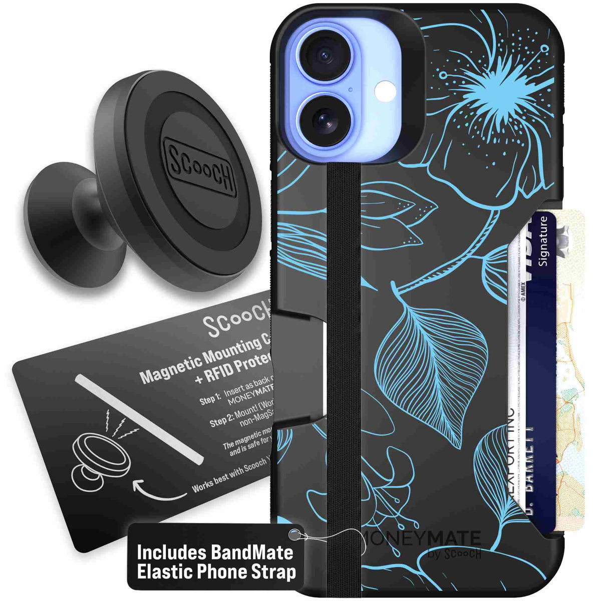 Blue Hibiscus cyan-blue tropical flower pattern on a charcoal Scooch Moneymate case for iPhone 16 Plus - Starter Bundle