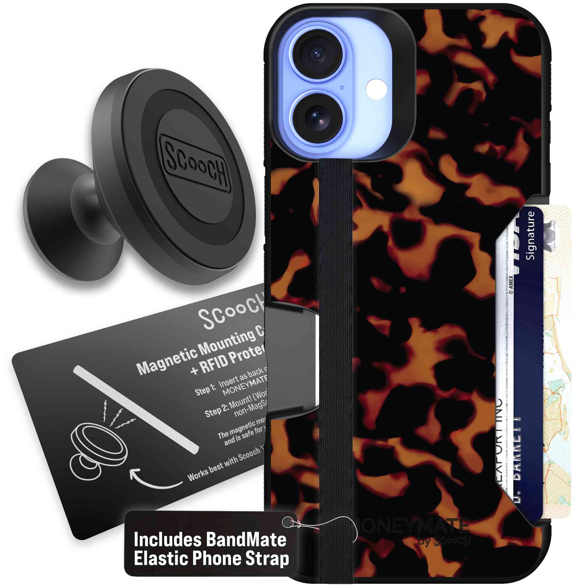 Tortoise Shell amber brown and black mottled pattern on a Scooch Moneymate case for iPhone 16 Plus - Starter Bundle