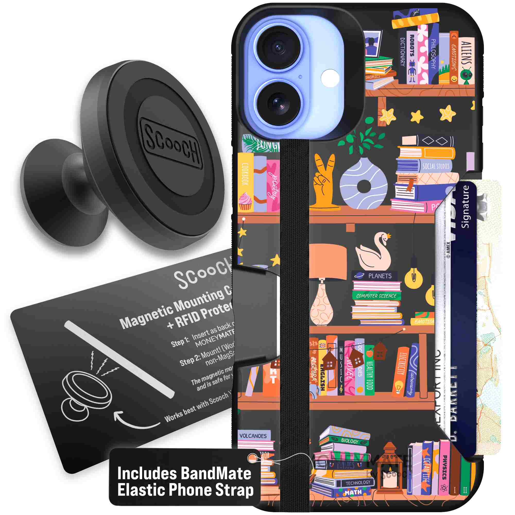 Little Library colorful book and bookshelf pattern on a Scooch Moneymate case for iPhone 16 Plus - Starter Bundle