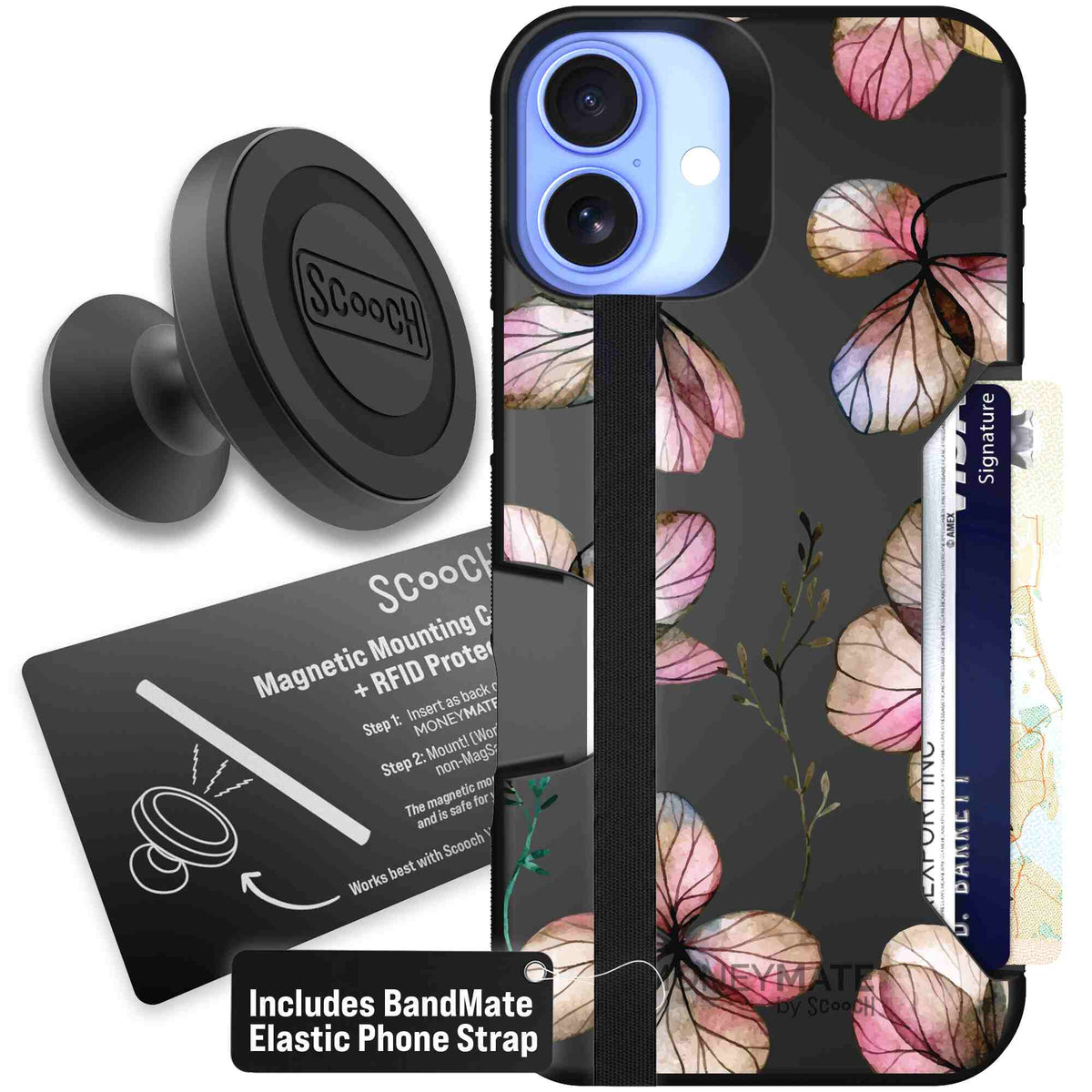 Dried Flowers blush mauve and cream floral pattern on a black Scooch Moneymate case for iPhone 16 Plus - Starter Bundle