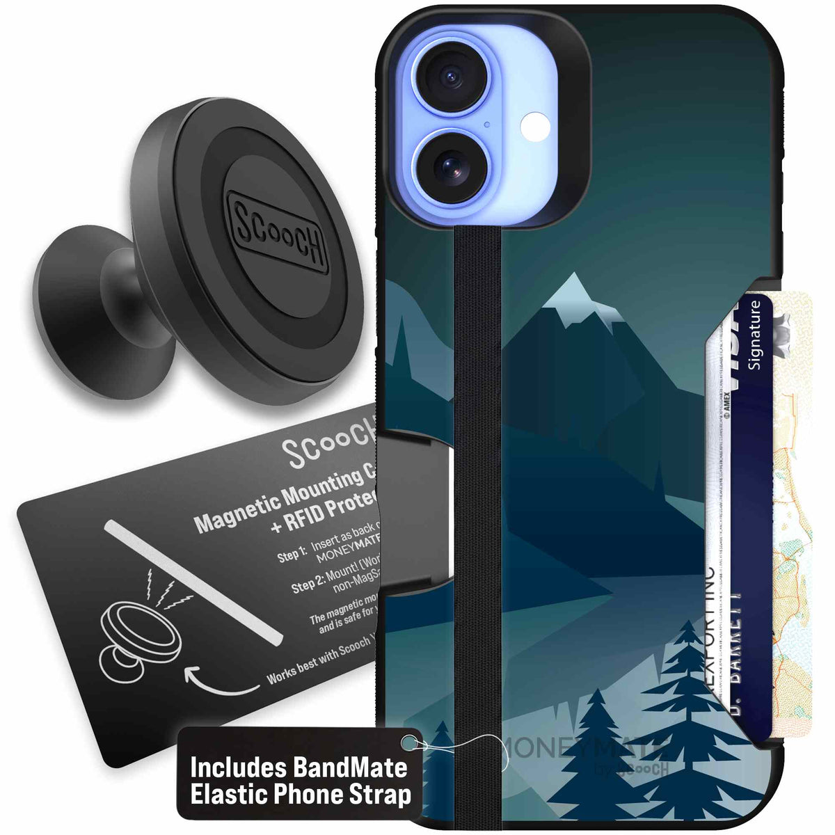 Midnight Ridge layered blue mountains and evergreen trees on a Scooch Moneymate case for iPhone 16 Plus - Starter Bundle