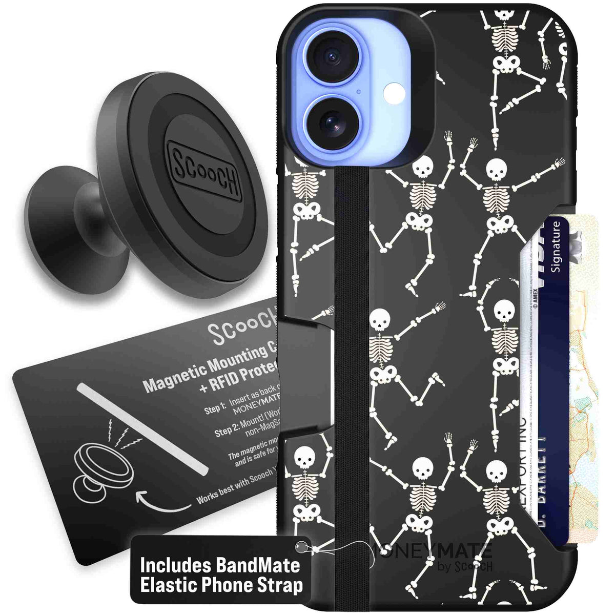 Swinging Skeletons white dancing skeleton pattern on a black Scooch Moneymate case for iPhone 16 Plus - Starter Bundle