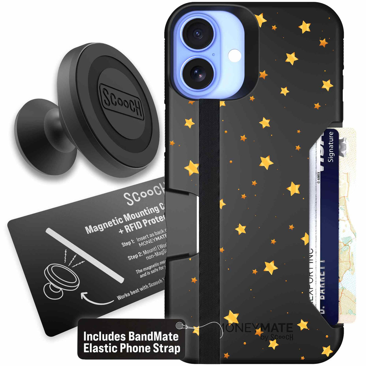 Gold Stars yellow and gold star pattern on a charcoal Scooch Moneymate case for iPhone 16 Plus - Starter Bundle