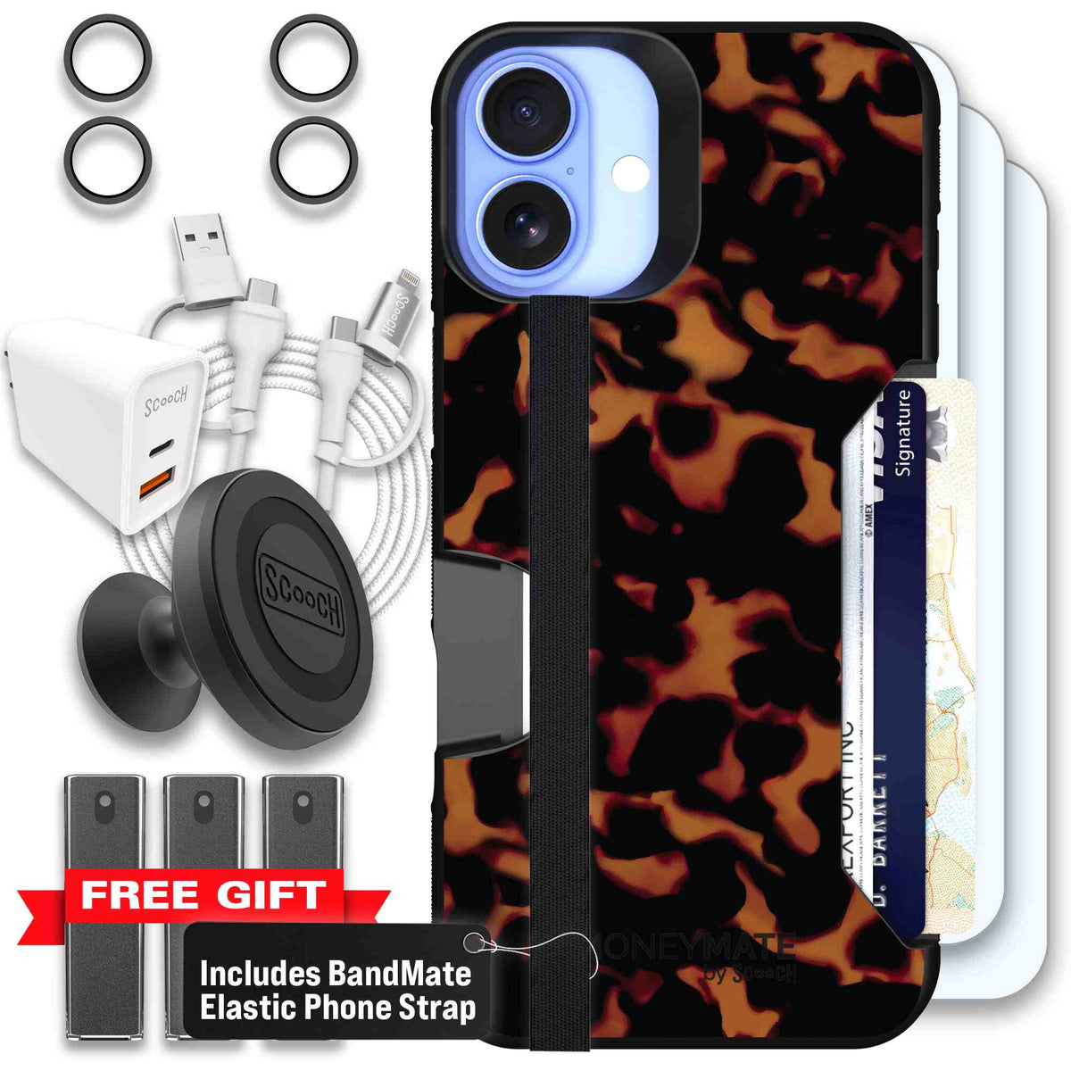 Tortoise Shell amber brown and black mottled pattern on a Scooch Moneymate case for iPhone 16 Plus - Ultimate Bundle