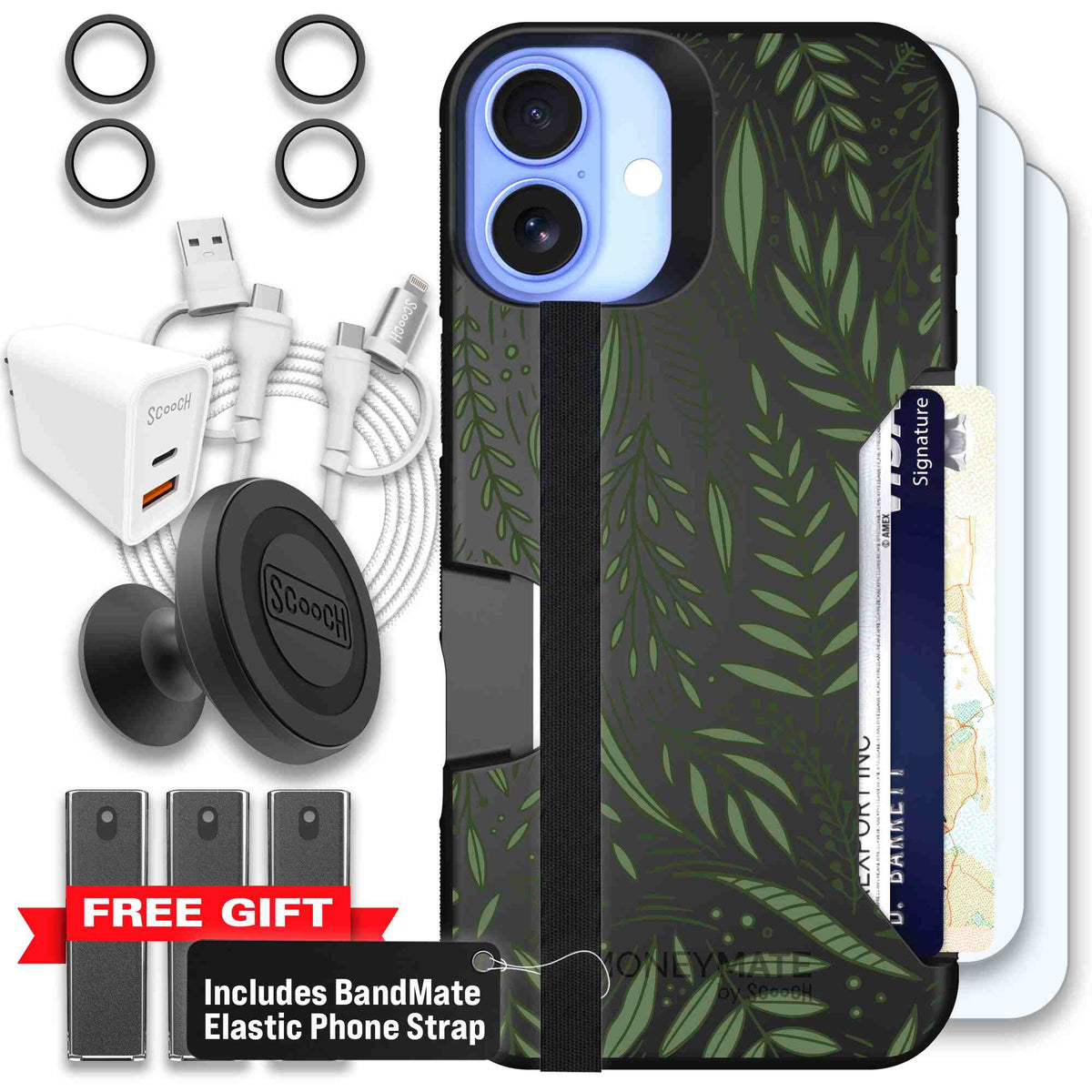 Willow Garden layered green leaves and branches on a charcoal Scooch Moneymate case for iPhone 16 Plus - Ultimate Bundle