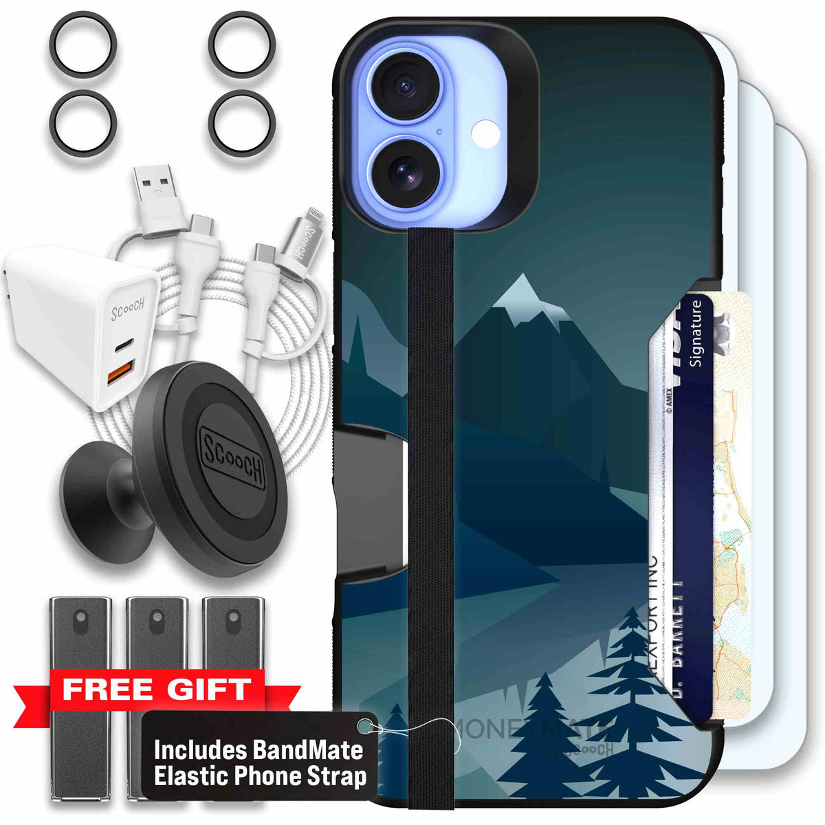 Midnight Ridge layered blue mountains and evergreen trees on a Scooch Moneymate case for iPhone 16 Plus - Ultimate Bundle