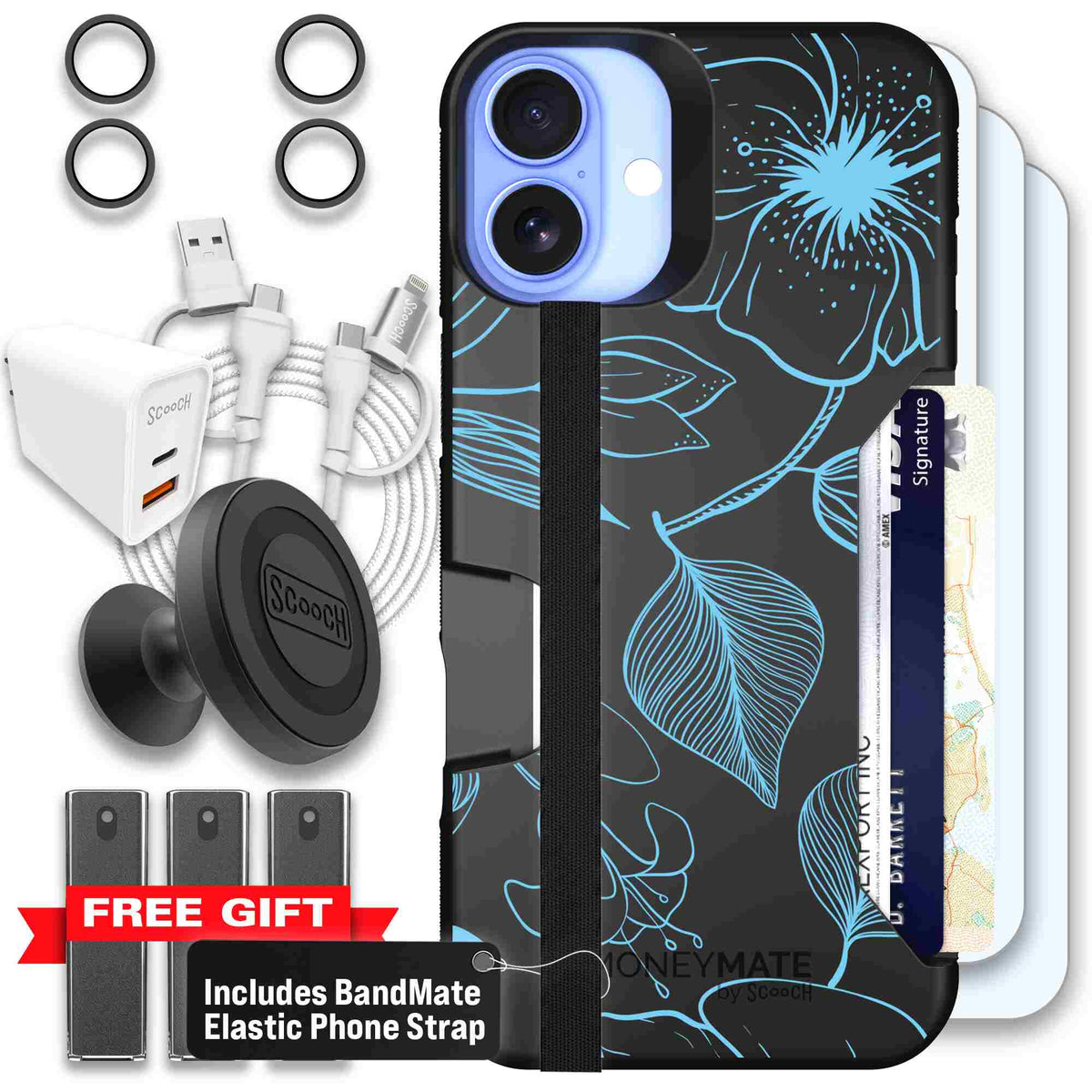 Blue Hibiscus cyan-blue tropical flower pattern on a charcoal Scooch Moneymate case for iPhone 16 Plus - Ultimate Bundle
