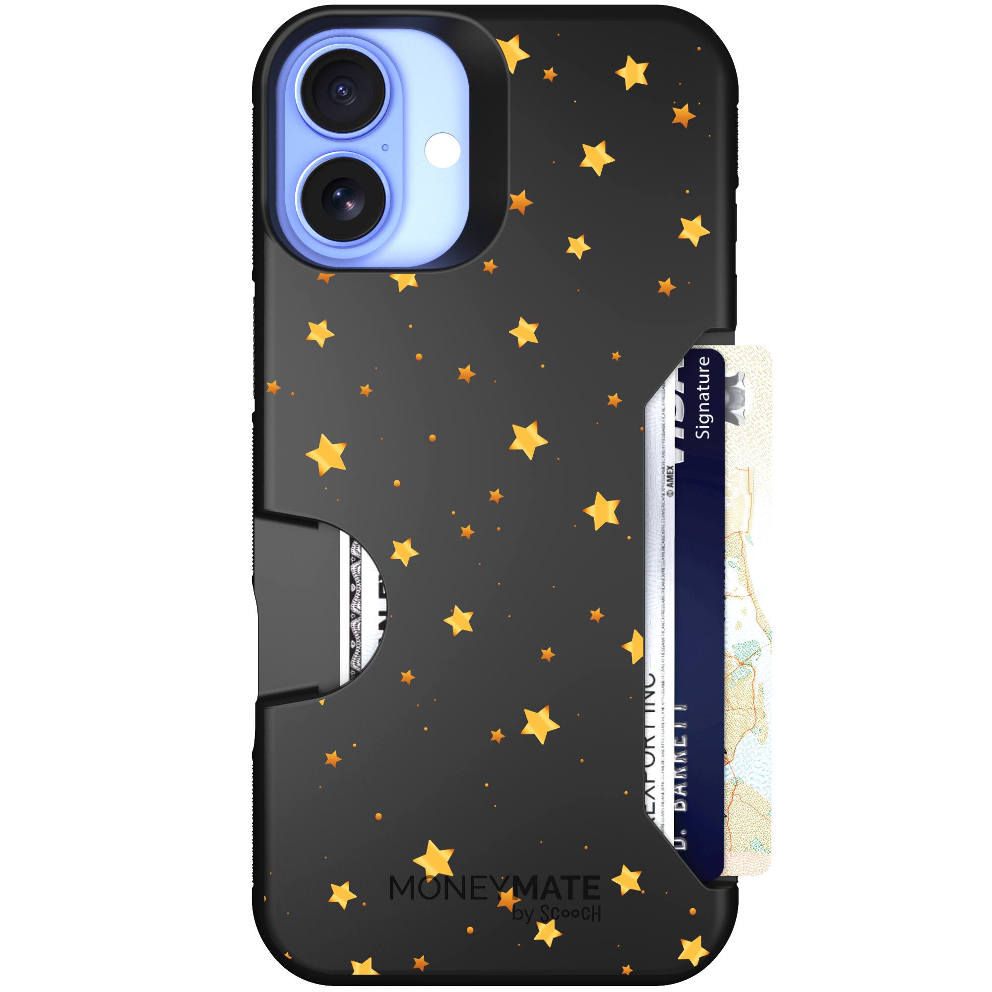 Gold Stars yellow and gold star pattern on a charcoal Scooch Moneymate case for iPhone 16 Plus