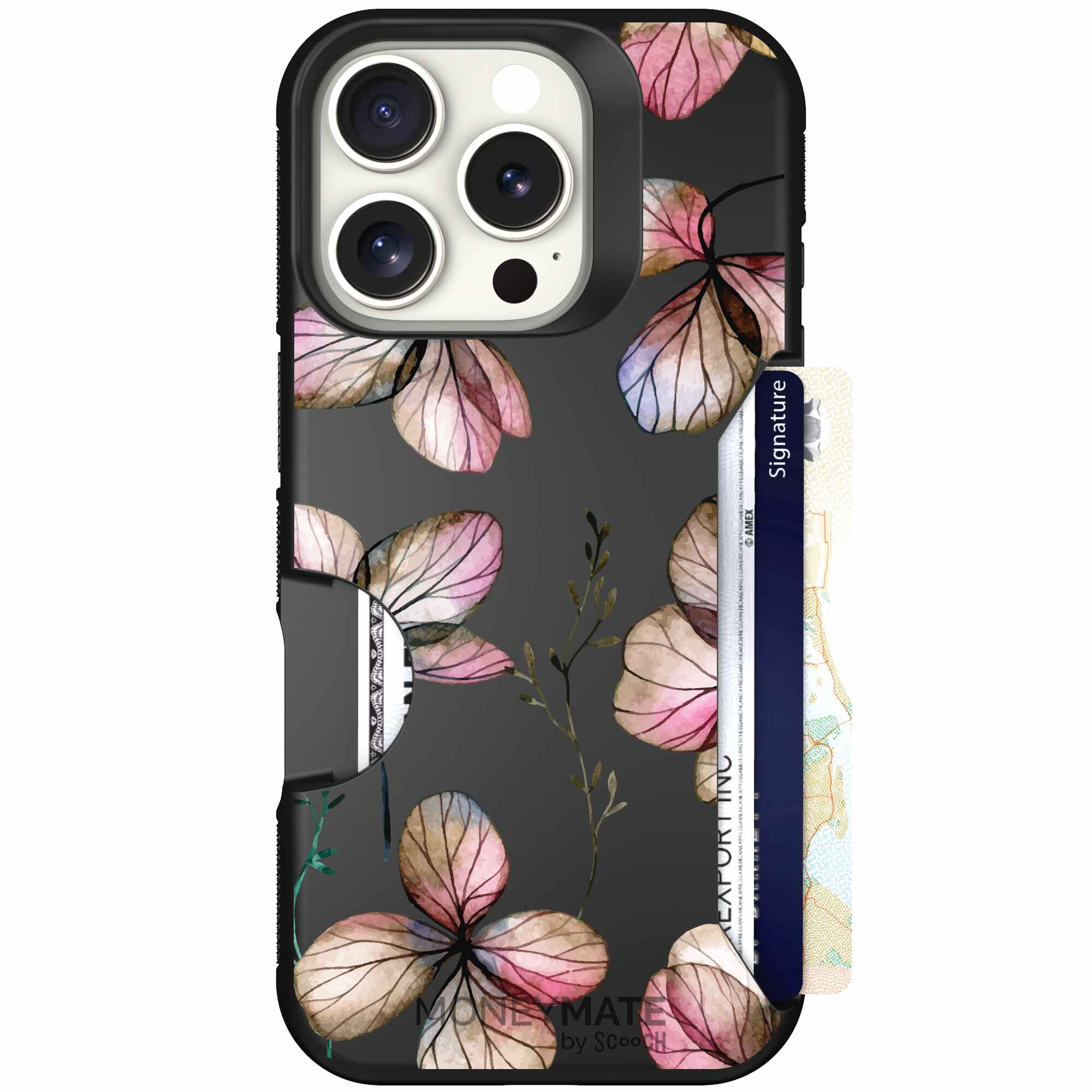 Dried Flowers blush mauve and cream floral pattern on a black Scooch Moneymate case for iPhone 16 Pro