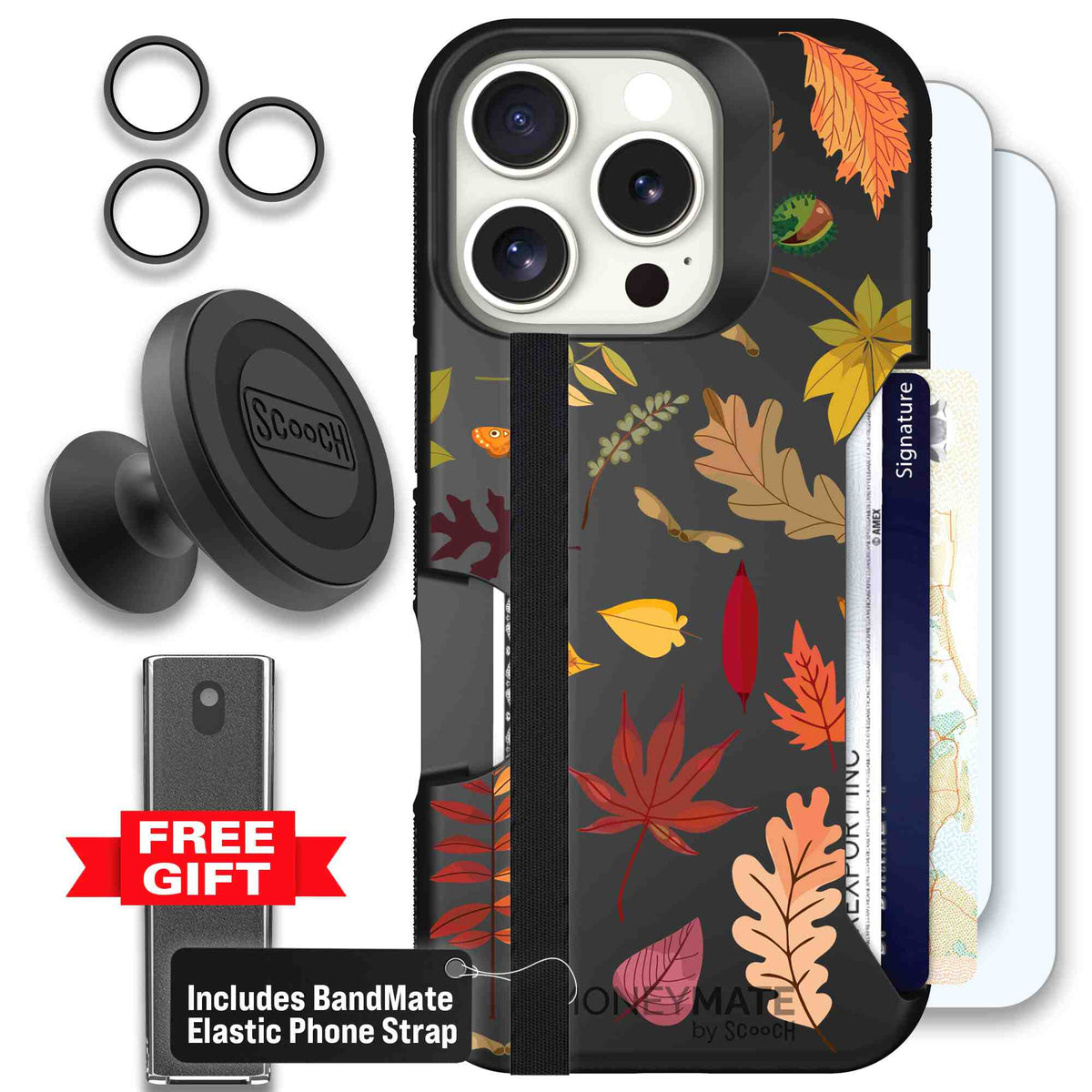 Autumn Leaves multicolored fall foliage pattern on a charcoal Scooch Moneymate case for iPhone 16 Pro - Defender Bundle