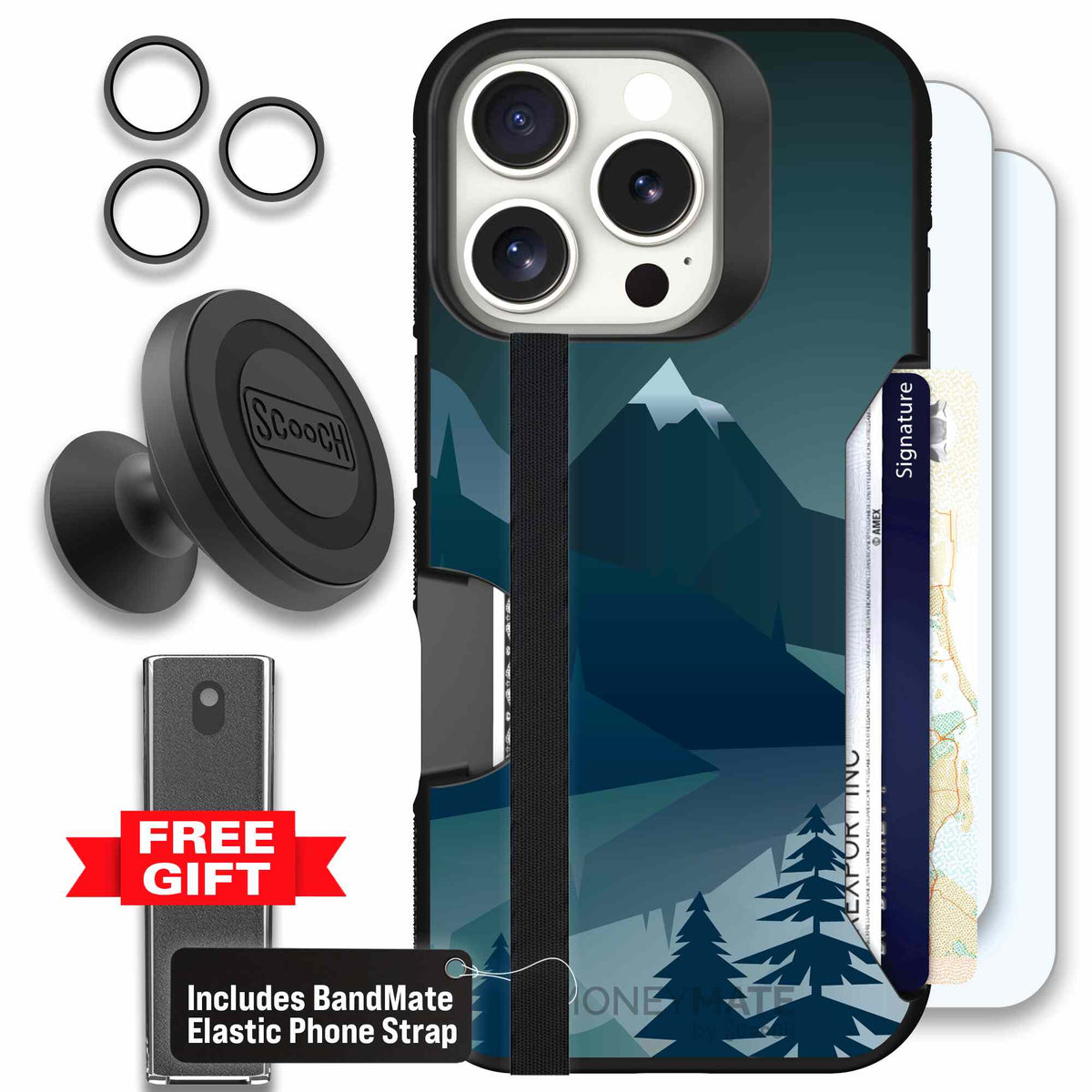 Midnight Ridge layered blue mountains and evergreen trees on a Scooch Moneymate case for iPhone 16 Pro - Defender Bundle