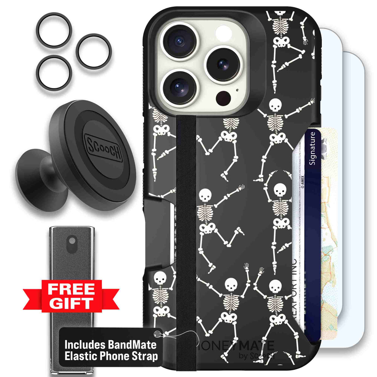Swinging Skeletons white dancing skeleton pattern on a black Scooch Moneymate case for iPhone 16 Pro - Defender Bundle