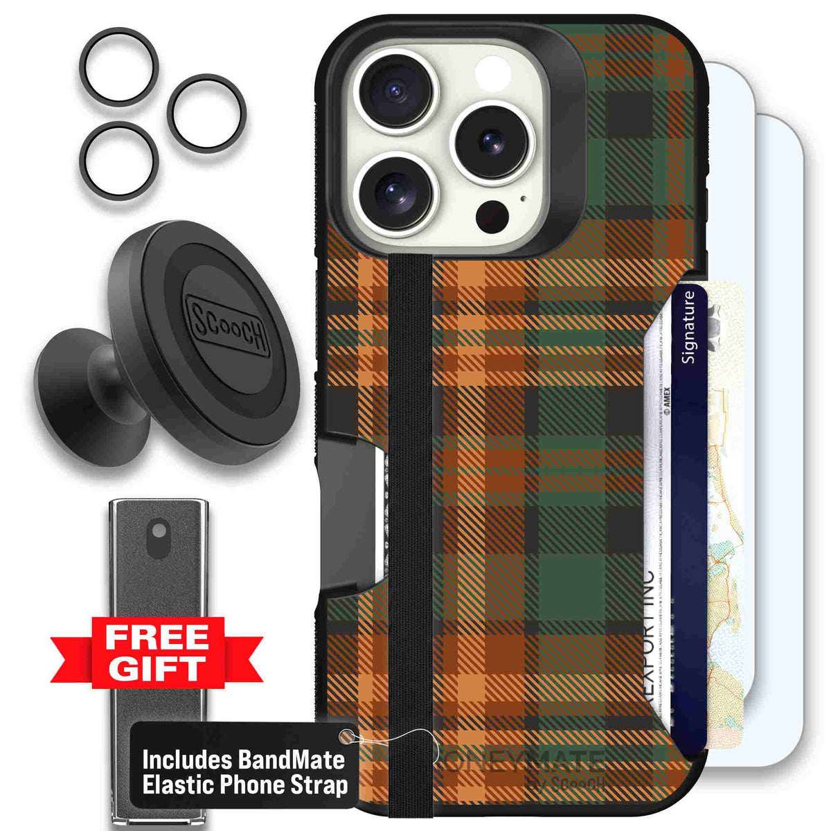 Fall Flannel orange and brown plaid pattern on a Scooch Moneymate case for iPhone 16 Pro - Defender Bundle